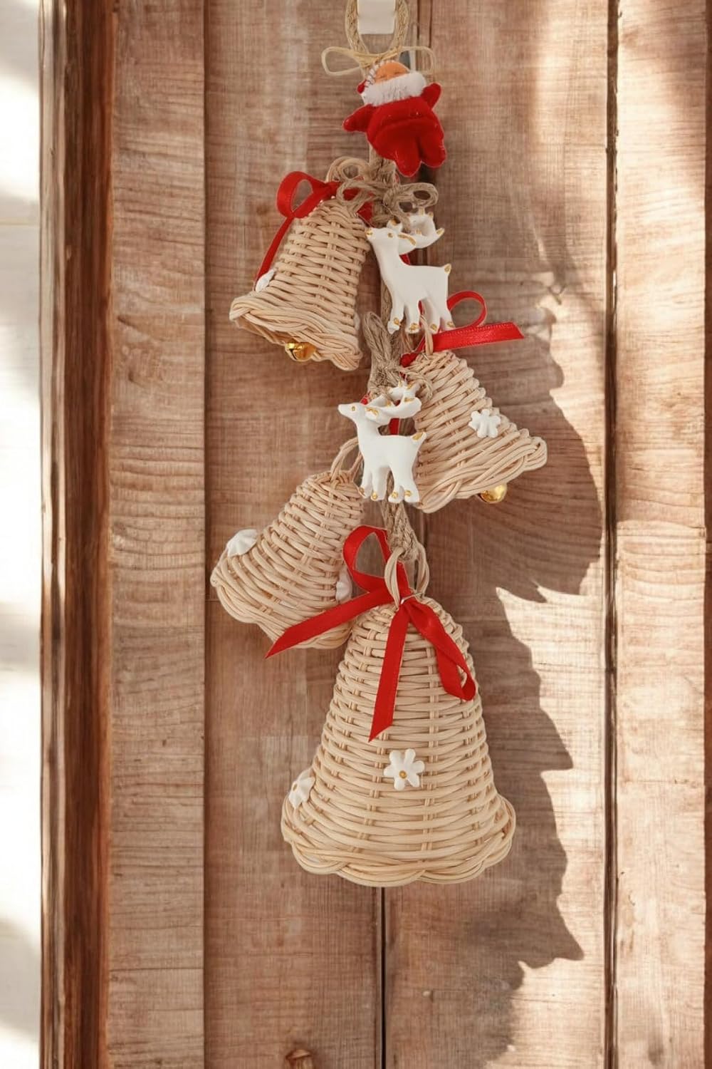Rattan Door Hanger Handmade Wicker Door Decor with Deer and Santa Details, Christmas Wreath, 11.8 in, Beige - Beige