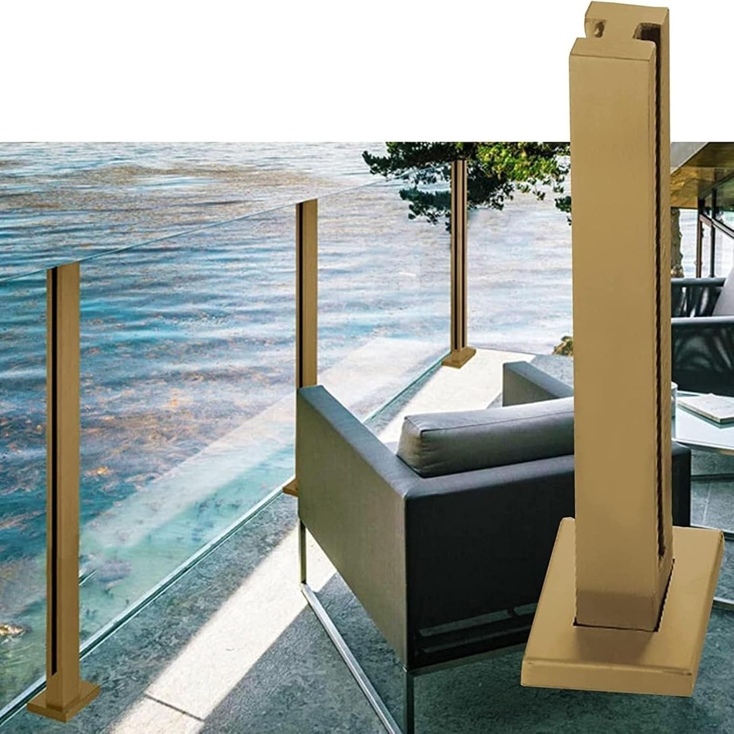 Gold Stainless Steel Glass Railing Post for 3/10-1/2in Panels, Heavy-Duty Mid Post with Spigot Slots & Sturdy Base for Balcony, Stairway, Deck, Patio (39.4in Height)