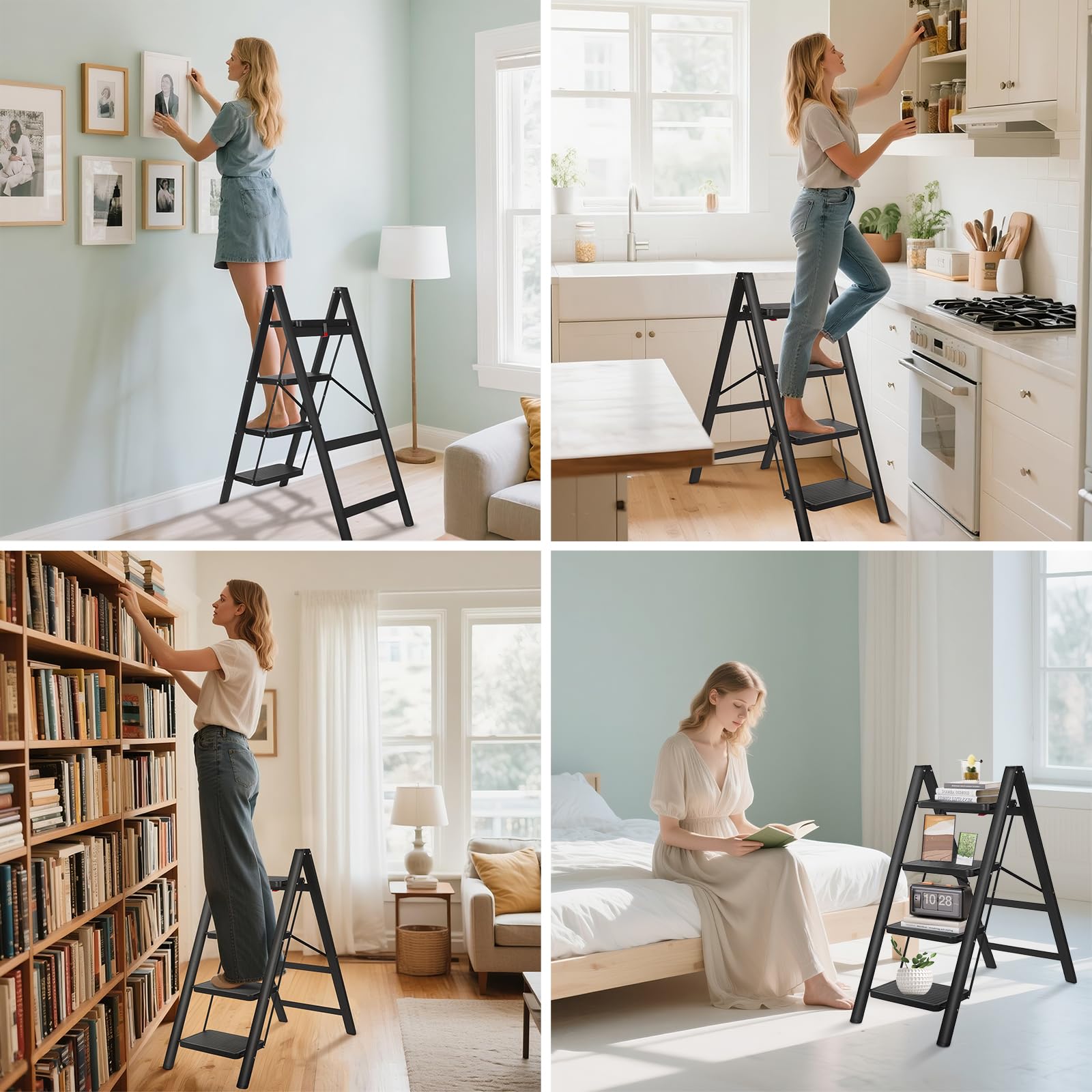 Escabeau 4 Marches Pliable, Marche Pied Pliant avec Pédales Antidérapantes, Échelle pour Maison Cuisine Bureau, Gain de Place, Charge Maximale 150 kg, pour la Maison, Cuisine, Placard et Bureau.