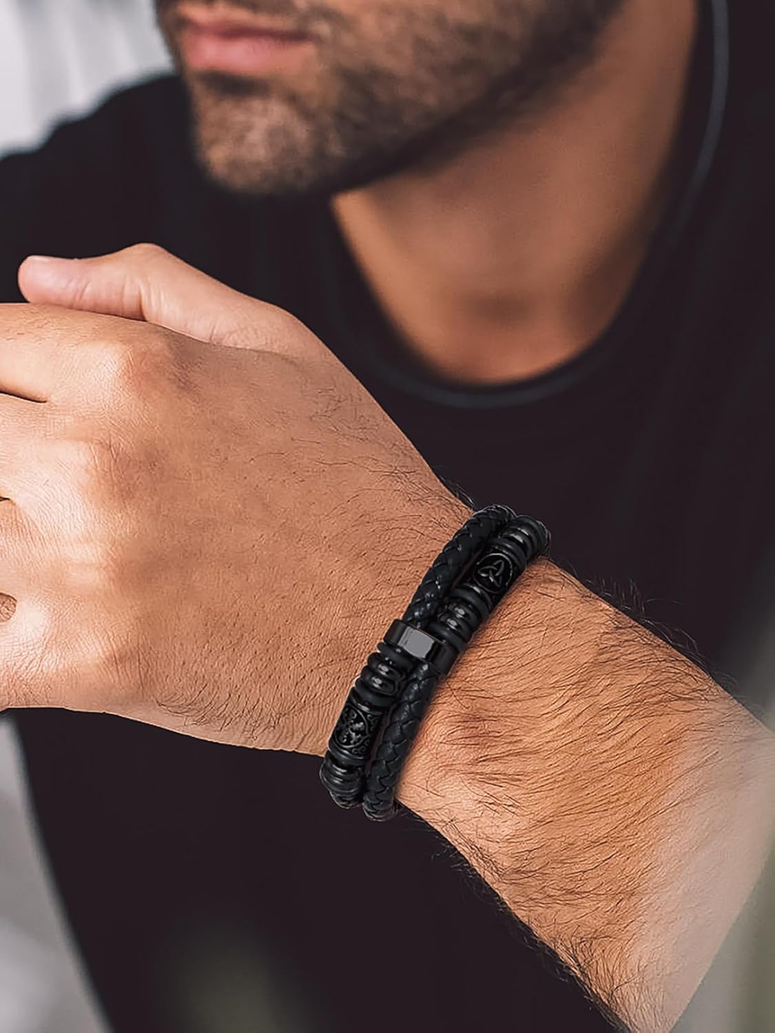 Bandmax Mens Black Double Wax Rope Cuff Bracelets Waterproof Stainless Steel Norse Style Celtic Knot Beads Bracelet Wristband Gift for Men - Image 4