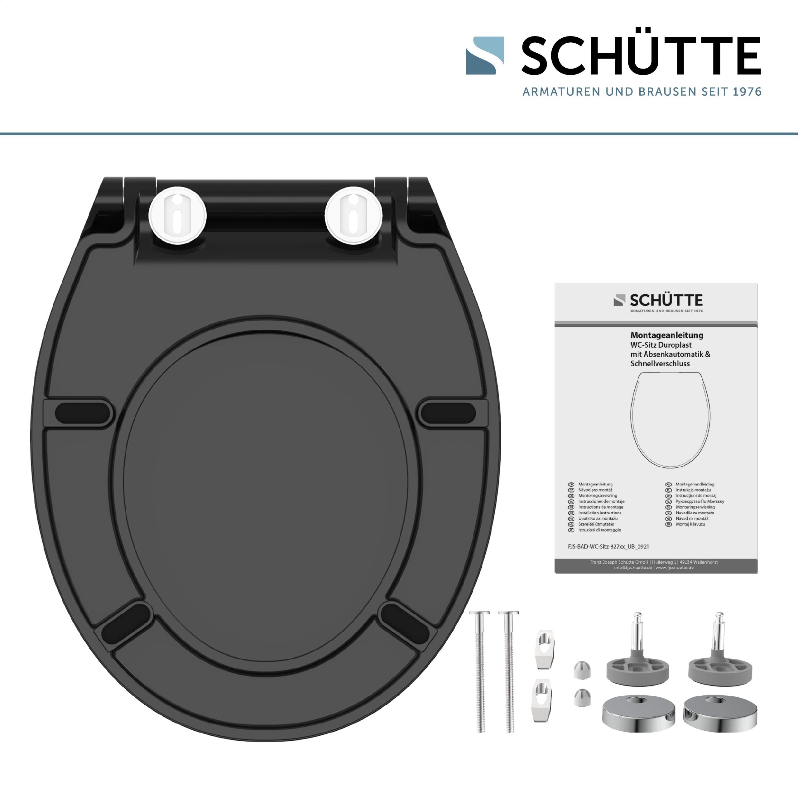 SCHÜTTE SLIM WC-Sitz | Duroplast Toilettensitz mit Absenkautomatik | Toilettendeckel mit Schnellverschluss für einfache Reinigung | Klobrille geprüft bis 175kg Belastbarkeit | Schwarz