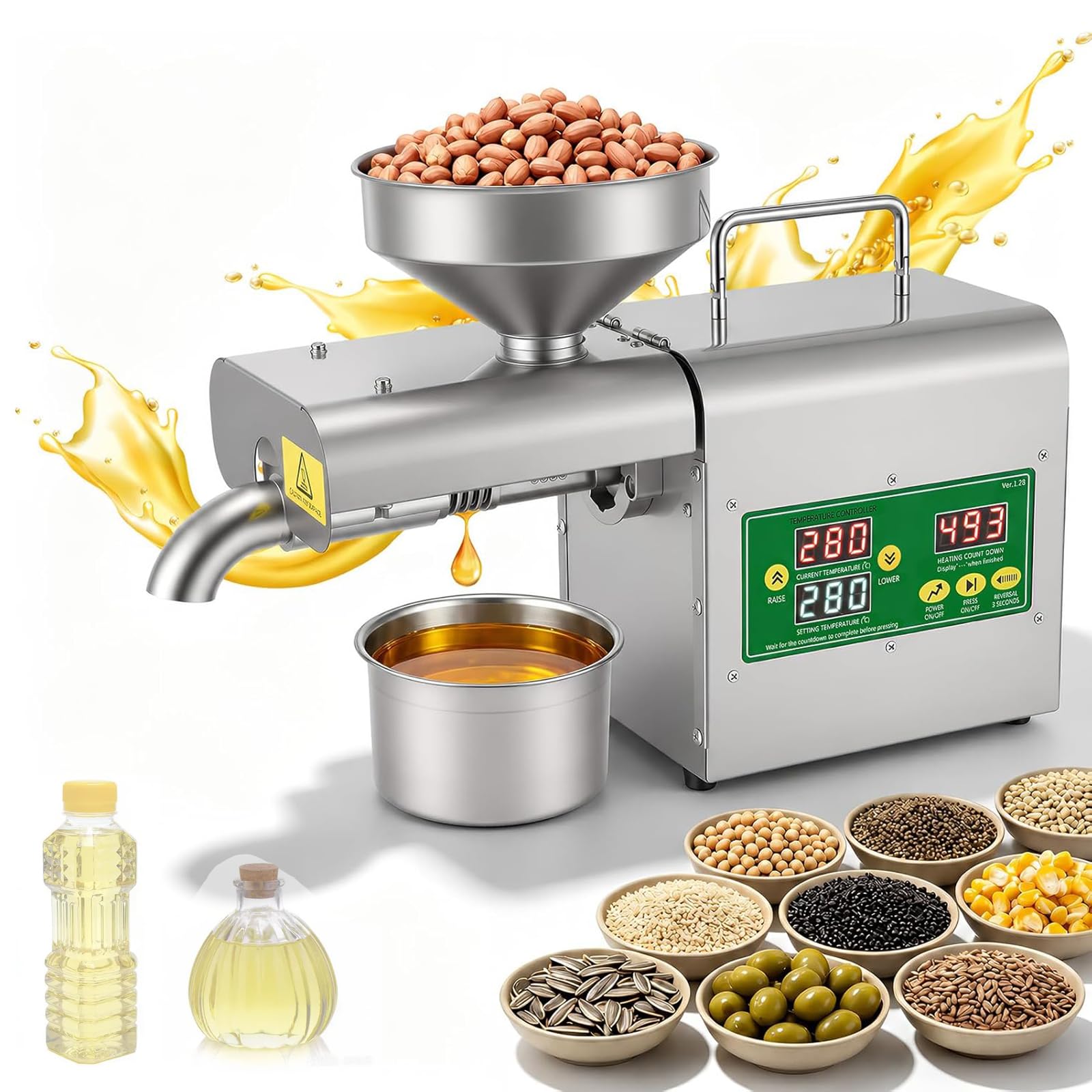 Electric Automatic Oil Press Machine, 1000w Smart Cold And Hot Oil Extractor, 70% Oil Yield, Hot Pressing With Digital Temperature Control (40°c-300°c), 3-6kg/h Output, For Olive, Peanut, Coconut