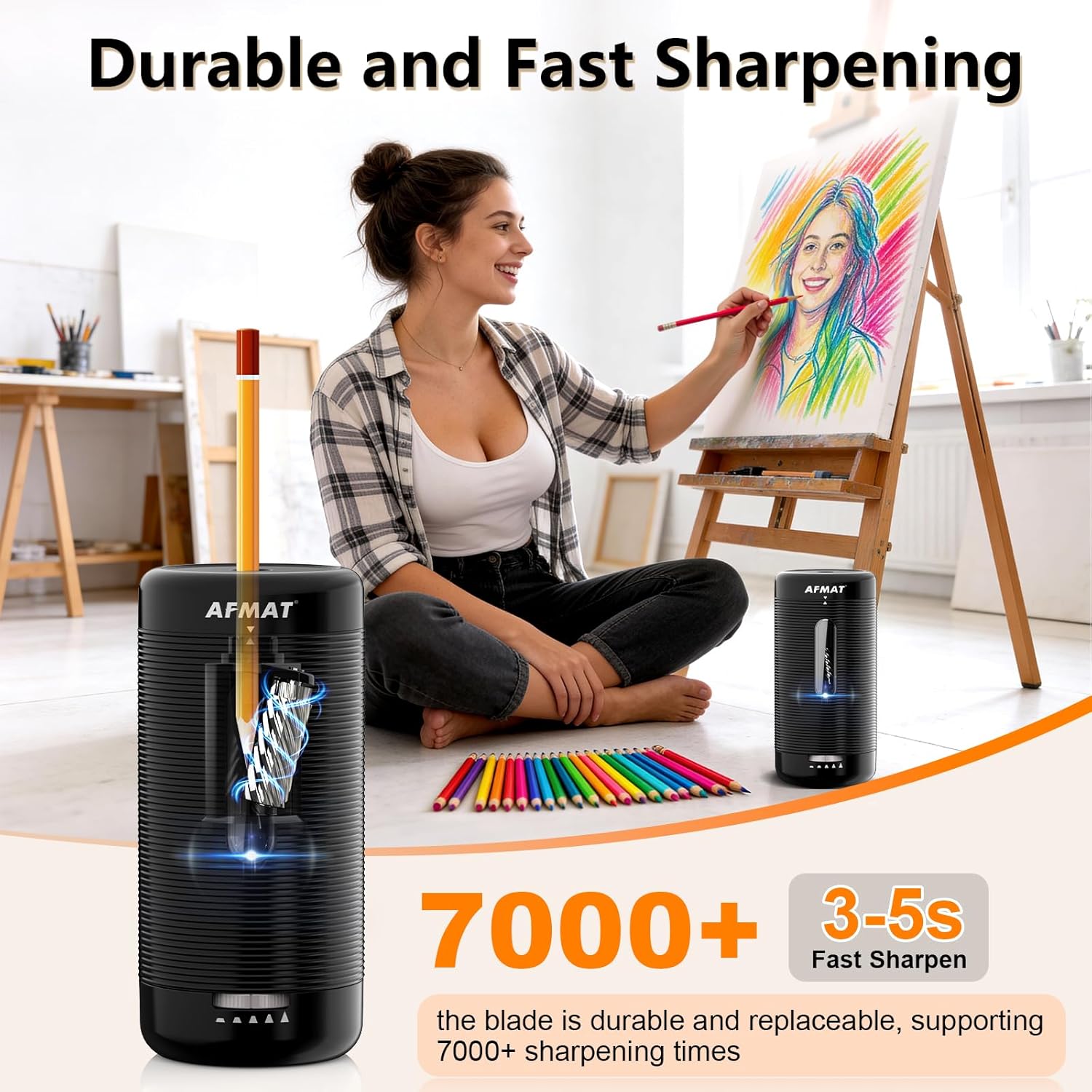 AFMAT Electric Pencil Sharpener, Fully Automatic Pencil Sharpener, Auto in & Out, Rechargeable Hands-Free Sharpeners for Jumbo & Colored Pencils (6.5-12mm), Portable for Home/Classroom/Office PSC2