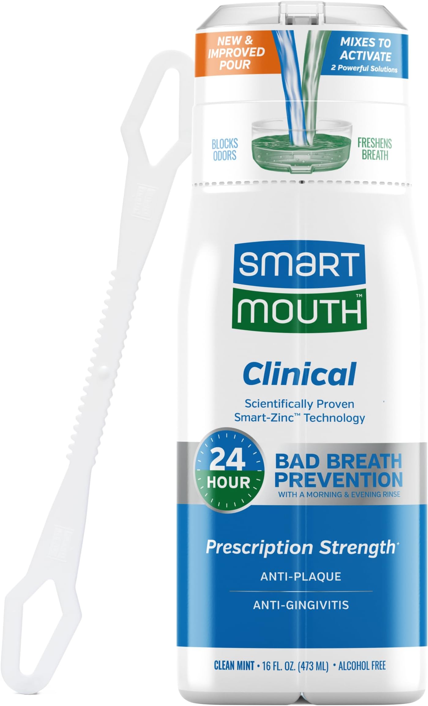 SmartMouth Clinical DDS Activated Mouthwash for 24-Hour Bad Breath Protection Plus Tongue Cleaner, 16 Fluid Ounce