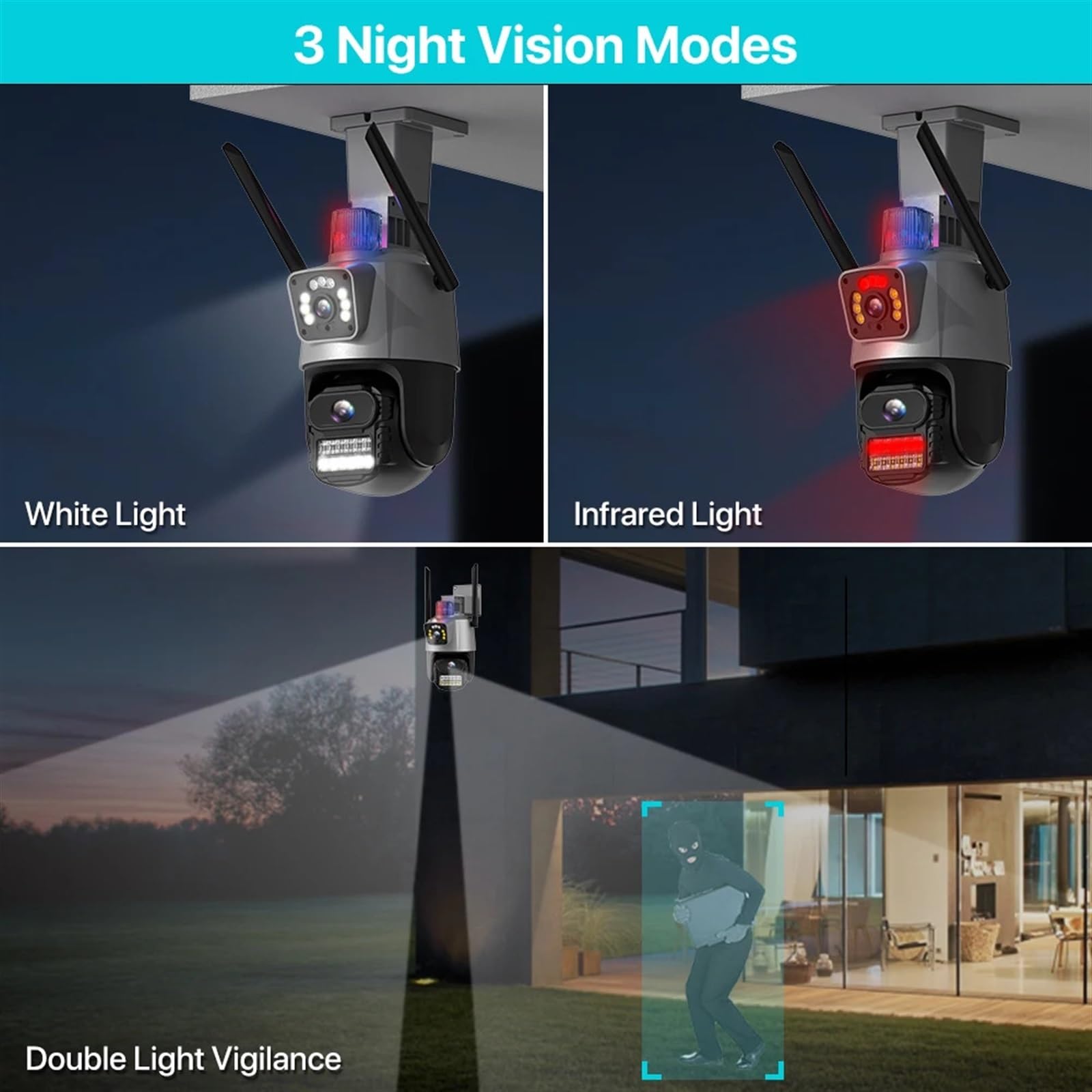 Kamera bezpieczeństwa, Zewnętrzna kamera PTZ Wi-Fi 4K 8MP HD z dwoma obiektywami i podwójnym ekranem Kamera AI Automatyczne śledzenie 4MP Nadzór wideo Alarm świetlny policyjny(4MP Add 64G Card)
