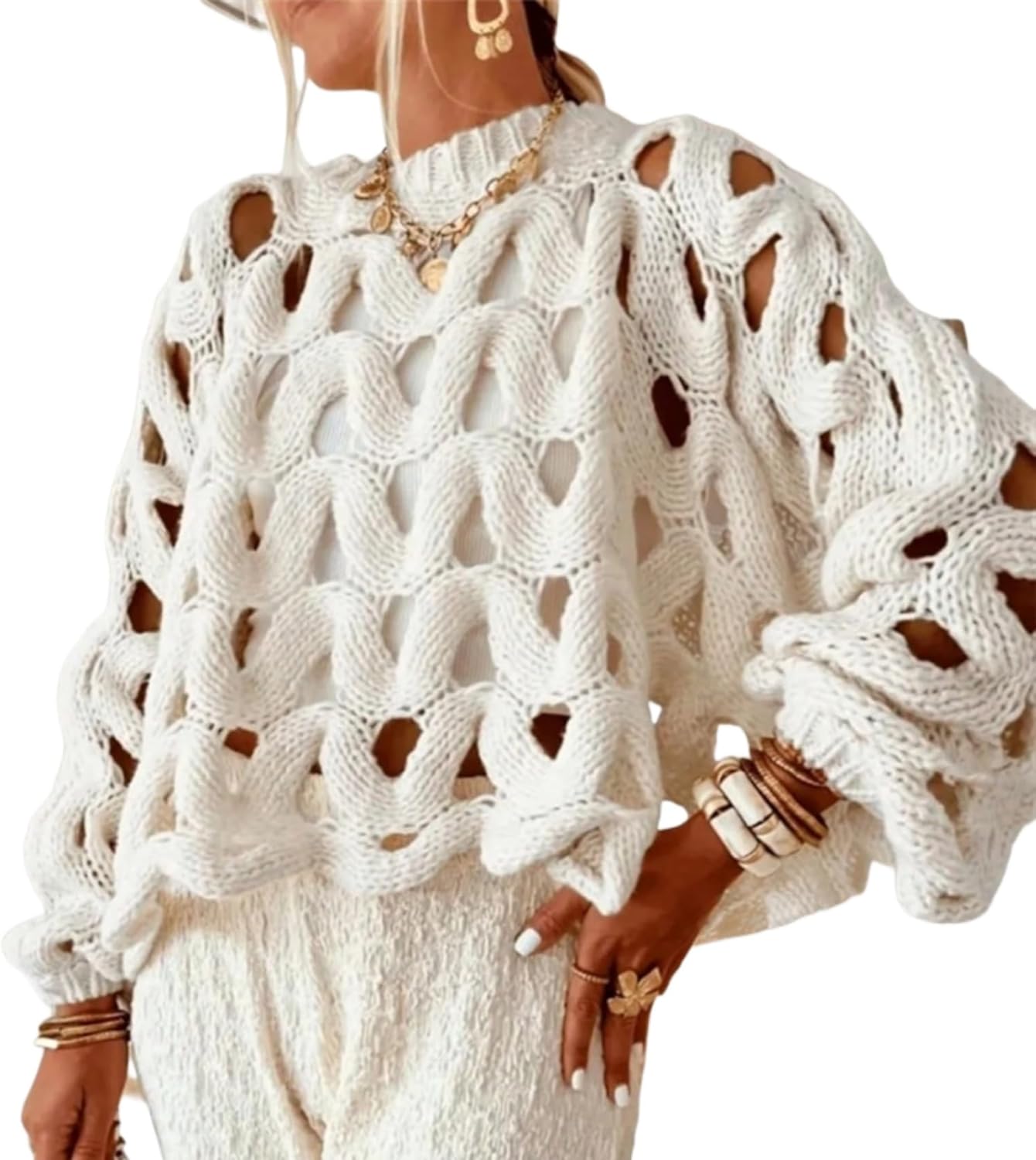 Perbai Womens Hollow Out Sweater Crew Neck Long Sleeve Oversized Crochet Knit Summer Coverup Crop Top