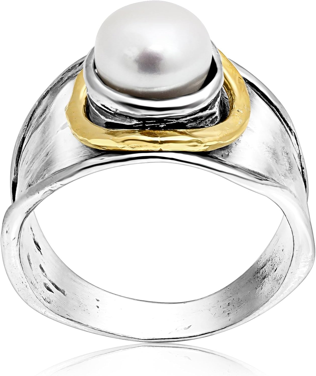 JEAN RACHEL JEWELRY Mixed Metal Two Tone Ring for Women – Pearl Hammered – 925 Sterling Silver & 14K Gold Over Silver – White Freshwater Pearl Statement Ring – Hypoallergenic Design - Image 7