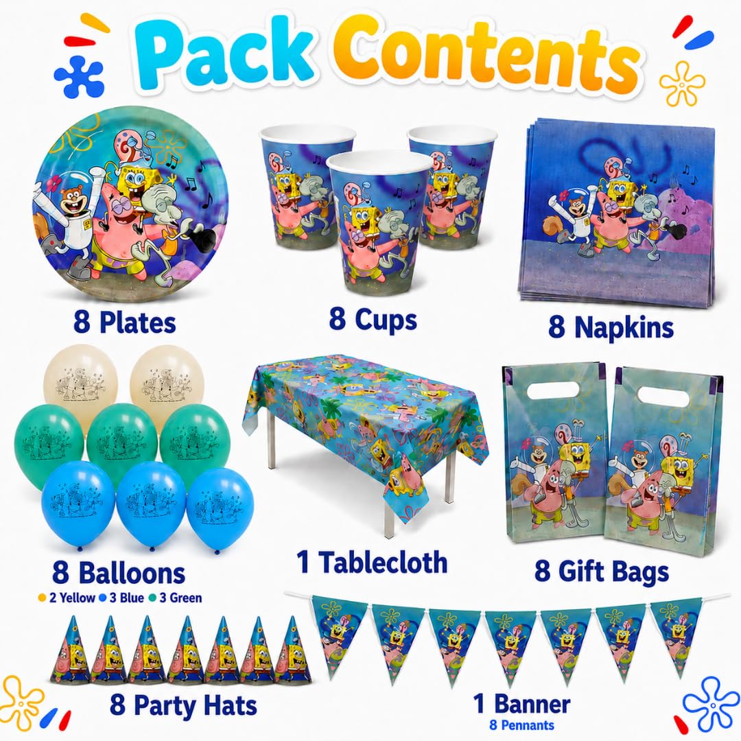SpongeBob Compleanno, Kit Compleanno Bambini 62 Pezzi con Decorazioni Festa, Piatti, Bicchieri, Tovaglioli, Palloncini, Tovaglia, Sacchetti Regalo, Cappellini e Ghirlanda