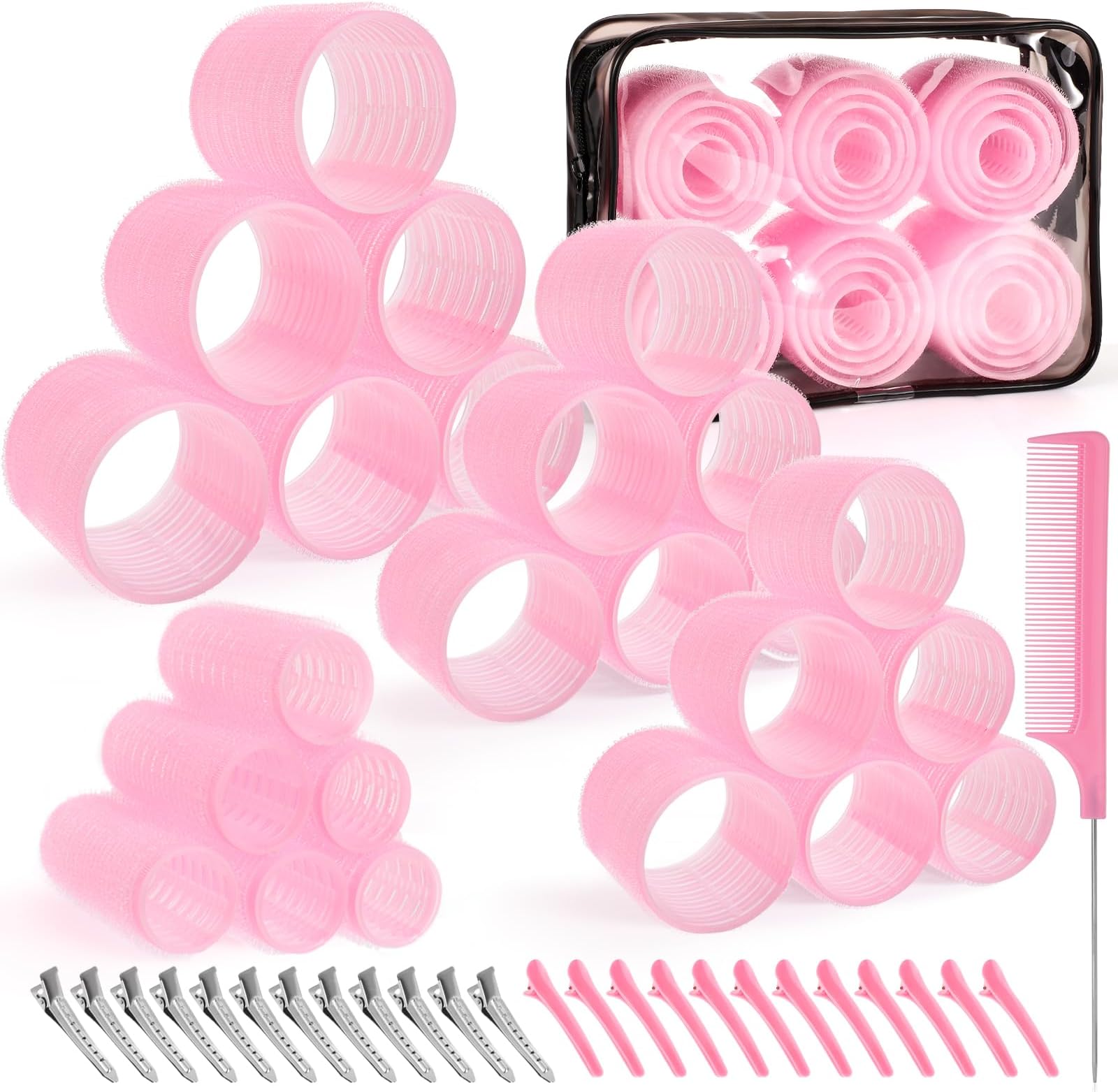 4 Sizes Self-Grip Hair Rollers Set for Long, Short Hair and Bangs - 50 Pcs with Clips (25mm, 36mm, 48mm, 60mm), Pink