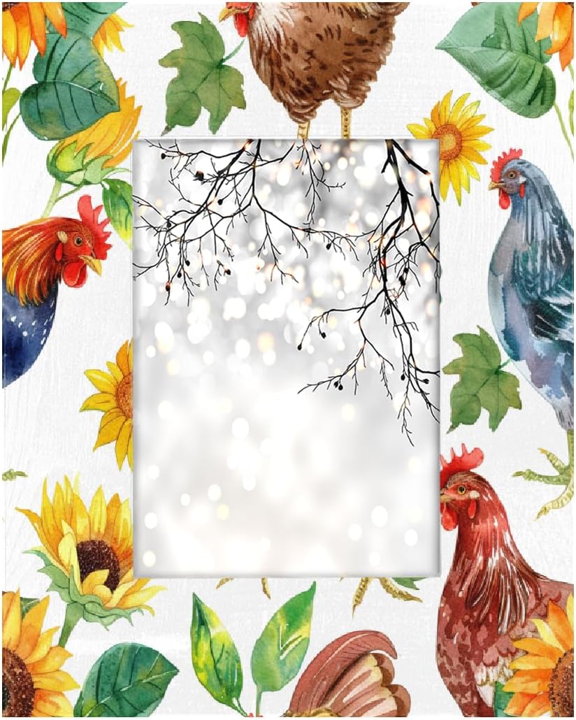 Rectangle Picture Frames 5x7 Rooster Sunflower Pattern Wood Photo Frame for Desk Tabletop Wall Collage Decor Wall Mounting Picture Frames without Mat