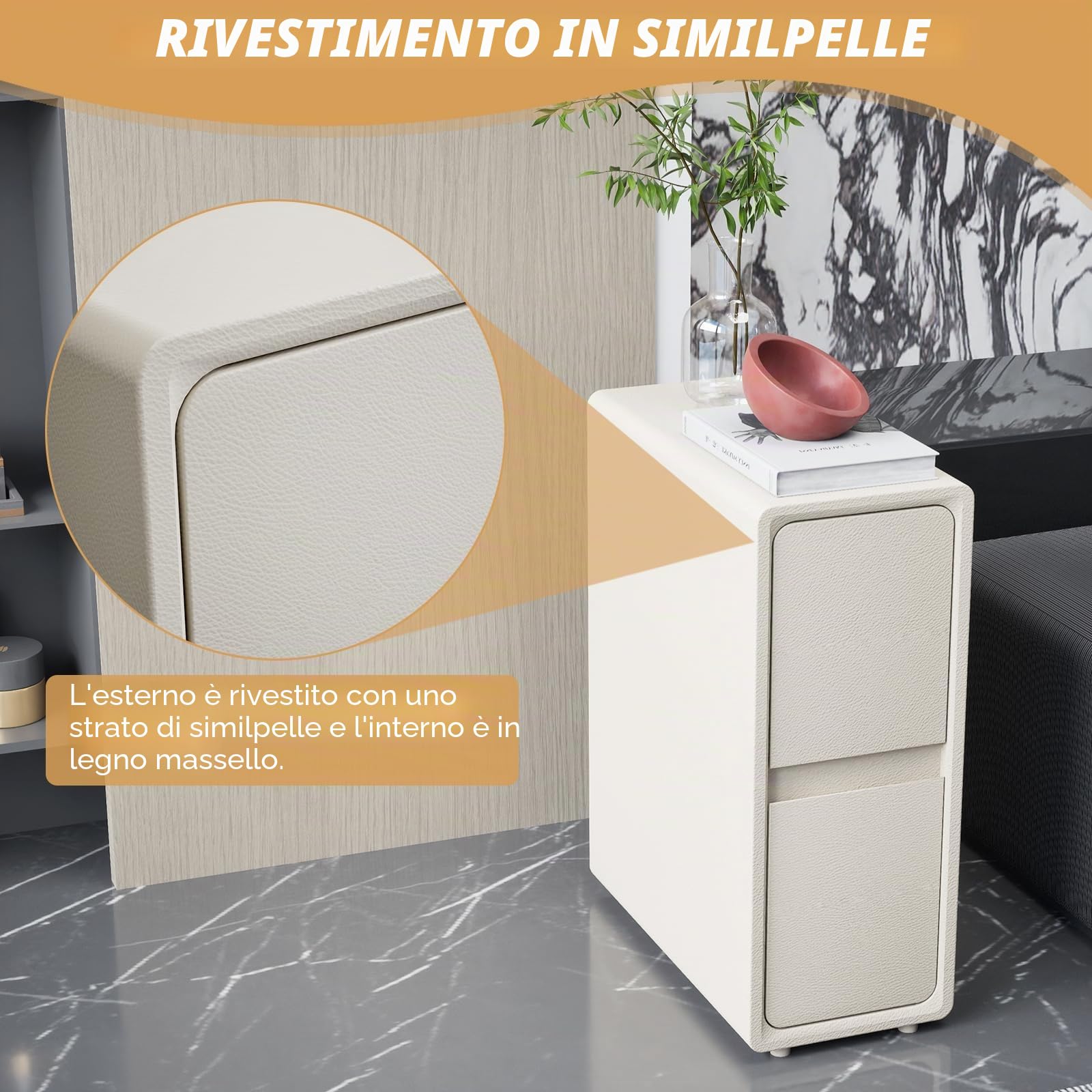 Comodino sottile, sottile, comodino moderno in pelle con 2 cassetti in legno massiccio, piccolo tavolino per camera da letto, soggiorno, 50 x 40 x 25 cm (bianco caldo)