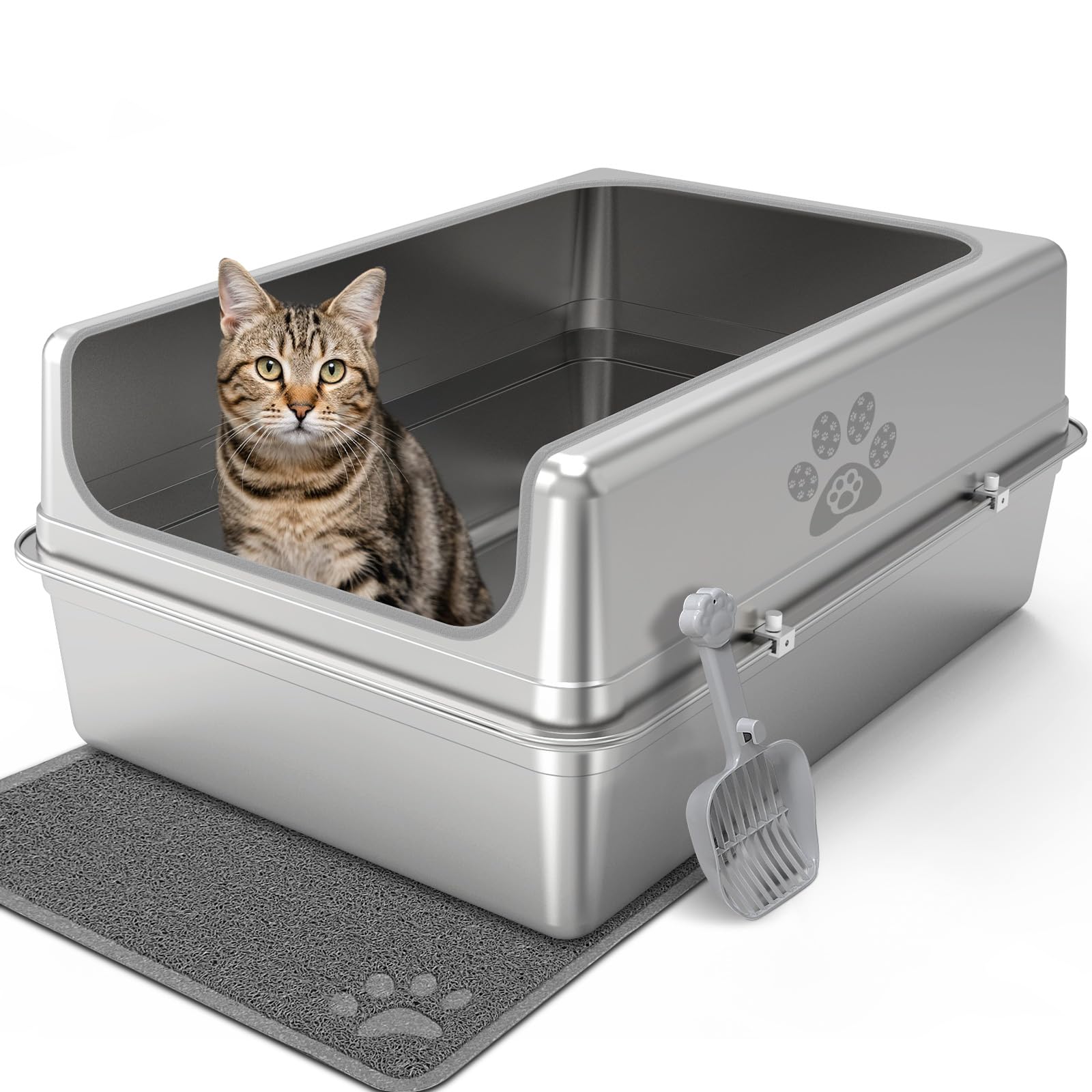PTLOM Lettiera per gatti in acciaio inox con coperchio, XXL estraibile in acciaio inox, bordo alto 30 cm, robusta, facile da pulire, con paletta per gatti, 69,5 x 49,5 x 30 cm