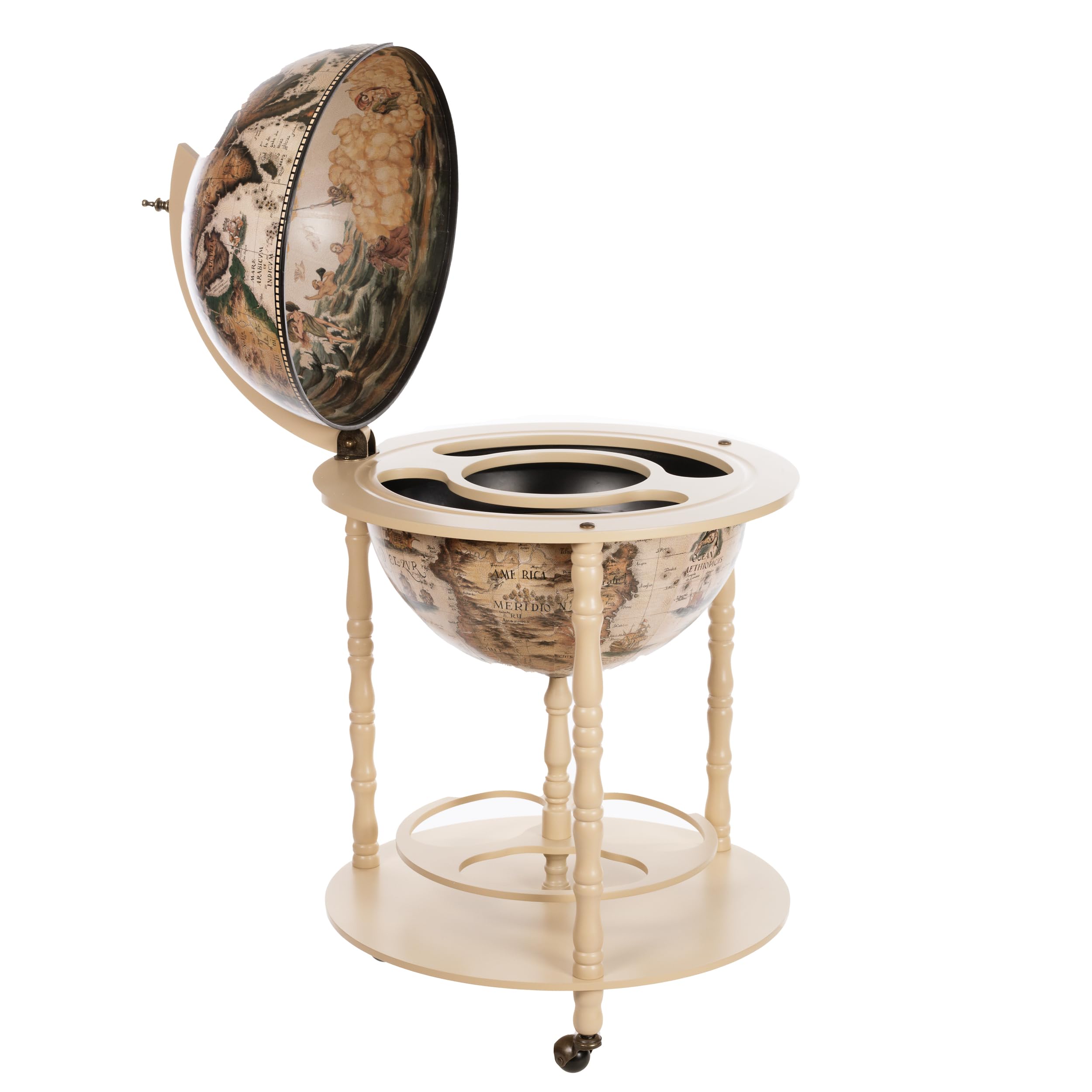 45001Grand chariot de bar, en forme de globe terrestre, avec piliers en bois d'eucalyptus massif, blanc ivoire, ouvert, 112 cm de hauteur et 56 cm de largeur, déplaçable par roulettes, style ancien, idéal comme bar décoratif, bar de maison, bar à cocktail