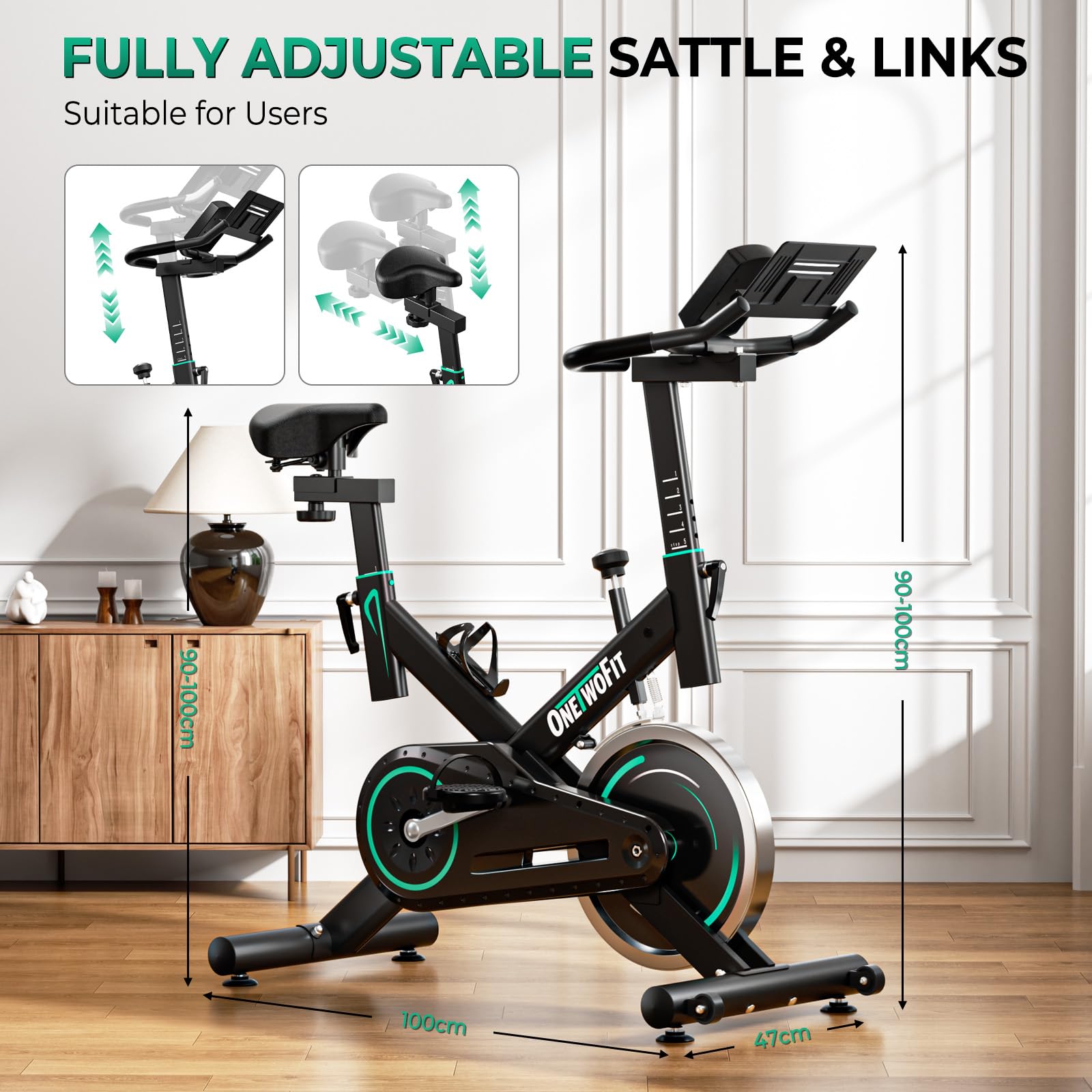 ONETWOFIT Cyclette da Casa, Spin Bike Resistenza Magnetica Regolabile(0-100%) Volano da 15kg, Portata 150kg con Display LCD, Supporto Tablet e App