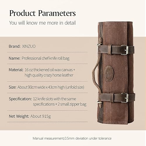 Miniatura 2 de XINZUO Bolsa para cuchillos de chef, estuche profesional para cuchillos de chef, lona encerada de 16 onzas y cuero de caballo loco, con 12 ranuras