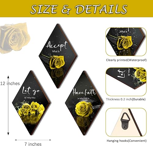 Miniatura 4 de 3 piezas de decoración de pared de baño con rosas amarillas, decoración inspiradora de madera, decoración de pared de oficina con letrero de aceptar