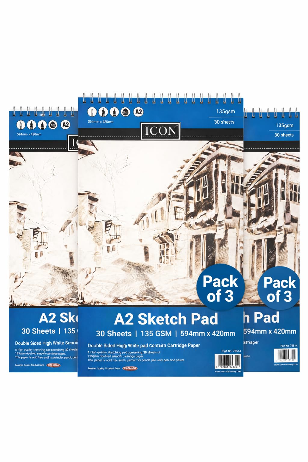 (Set of 3) A2 Artists Sketch Book- Hardcover Spiral Bound Art Book, Thick Smooth 110 GSM White Paper 30 Sheets Sketch Pad Art Book, Professional Quality Drawing Book a2 Sketchbook