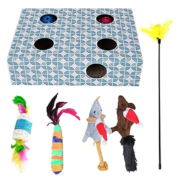 Emily Pets Cat Combo Toy Corrugated Paper Interactive Pet Puzzle Box Treat Maze Scratcher Cat Toys with Balls,with Feather Cat Toy, Mouse Rope Toy Cat Stick Interactive Toy(Pack of 5,Color May Vary)