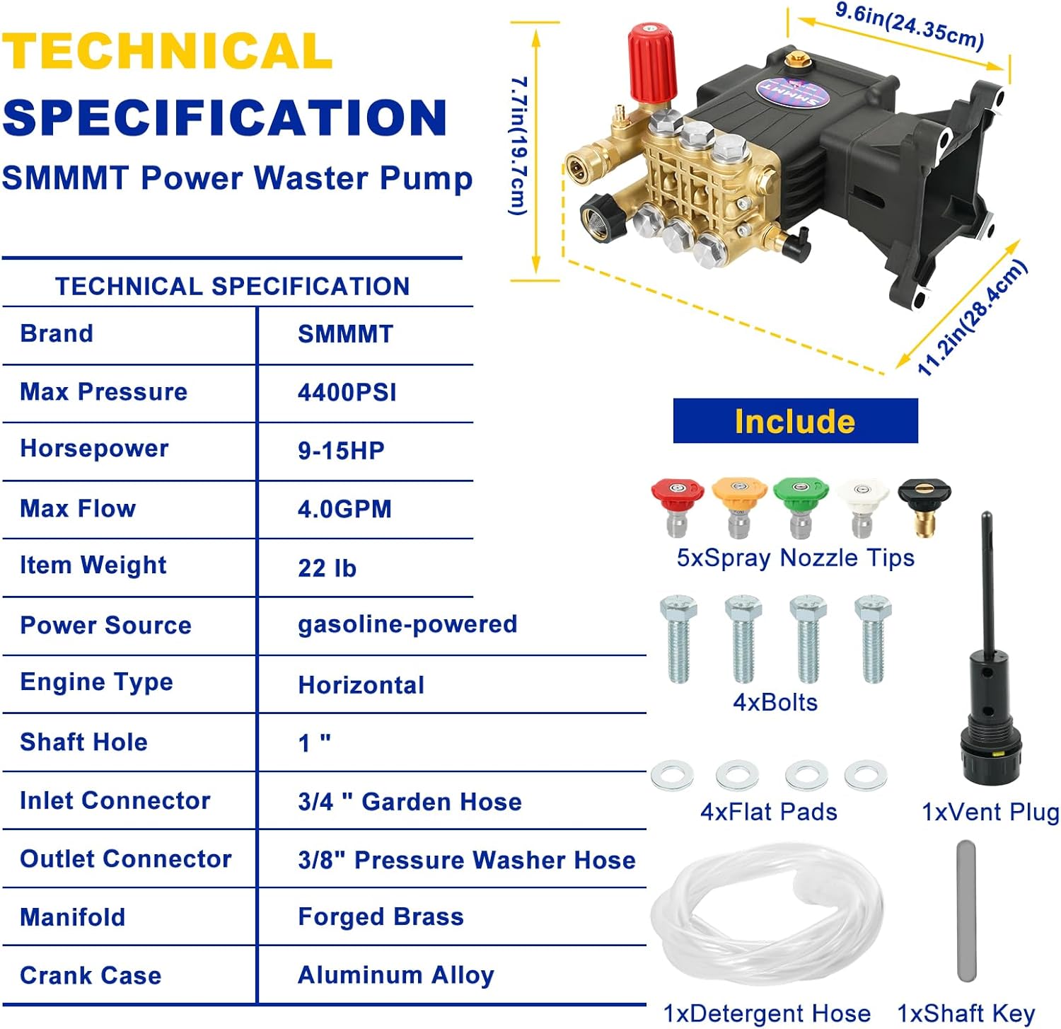 Pressure Washer Pump Max 4400 PSI 4 GPM, 1" Shaft Horizontal Gas Power Washer Pump Replacement, Direct Drive Triplex Plunger Replacement Pump with Pressure Adjustment Unloader
