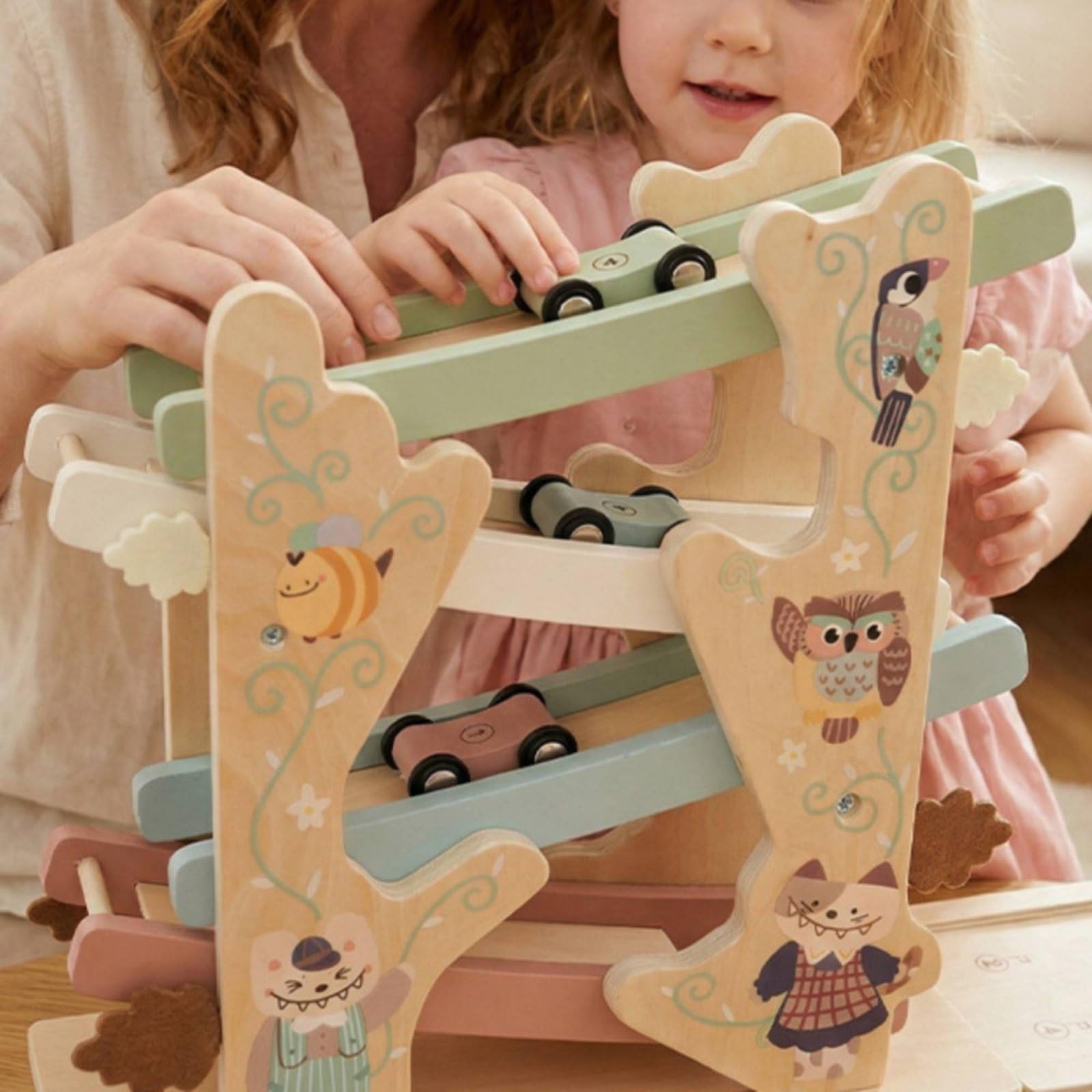 Auto Educativa Bambini Pista Rampe in Legno Giocattolo Corsa Discendente a Inerzia Scivolo Stratificato Legno Verniciato Ad Acqua con Illustrazioni