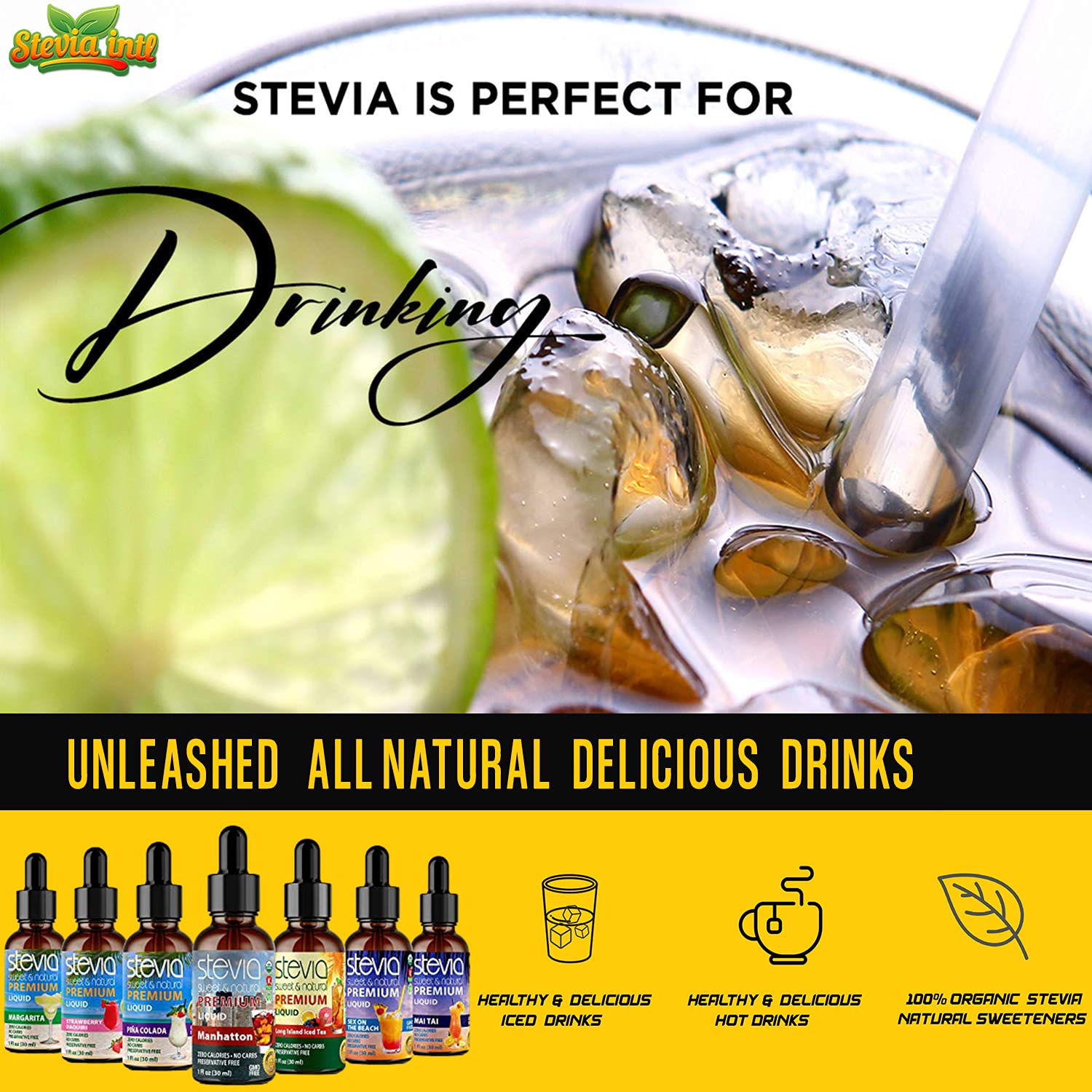 Stevia Intl (Pack of 7) Cocktail Lovers Bundle. Premium Stevia Drops with 5 Flavors in Glass Bottles. All Naturally Sweet, Non-Bitter, 0 Calorie, NON-GMO, Diabetic & Keto Friendly (1oz)