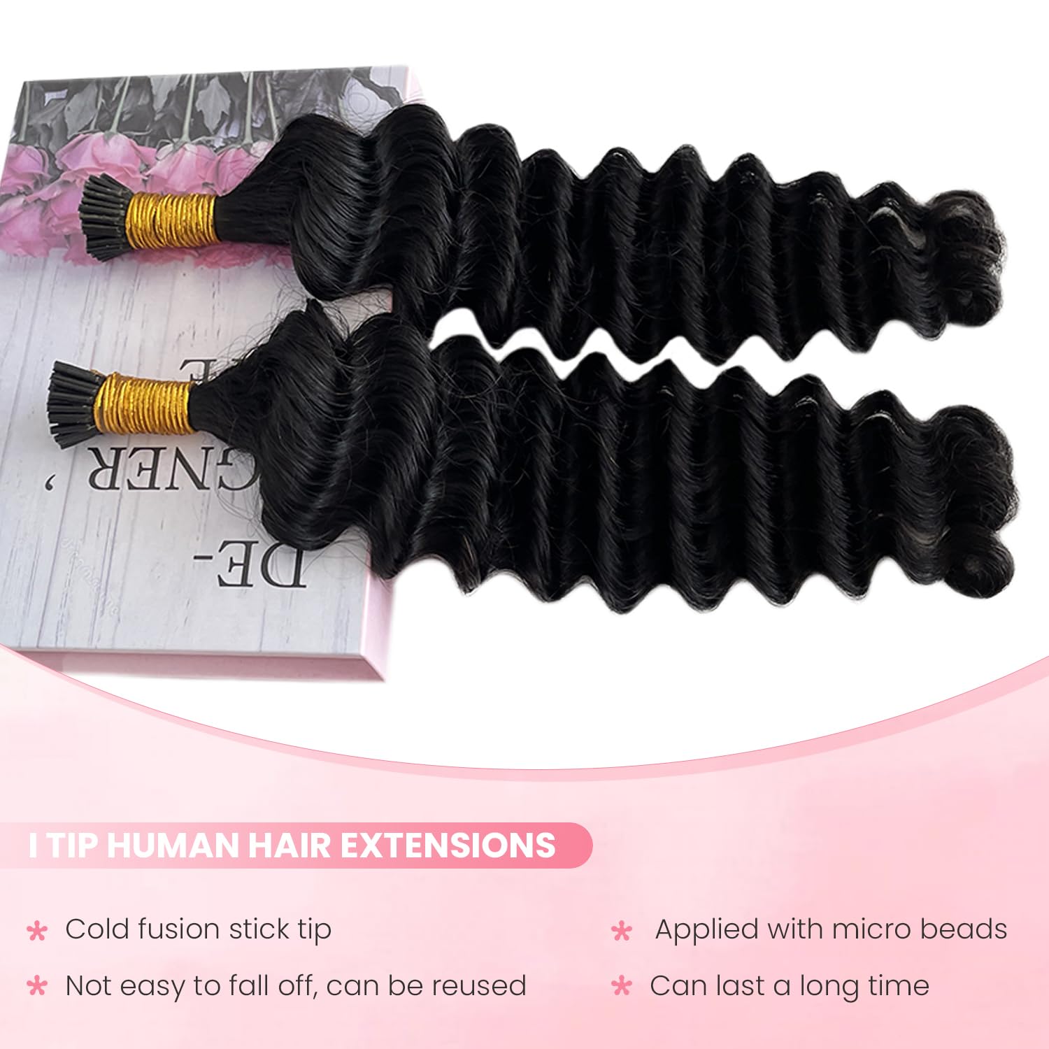 I Tip Hair Extensions Human Hair Deep Wave Microlink Beads Extension 100 Strands 50G Natural Color Curly Real Remy Stick Tip Pre Bonded Extensions for Black Women #1B 14 Inch