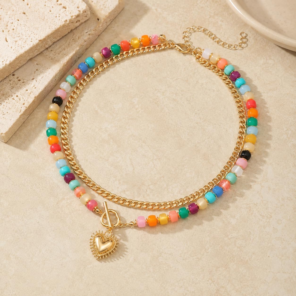 Layered Necklaces for Women, Colorful Acrylic Beads & Heart Pendant