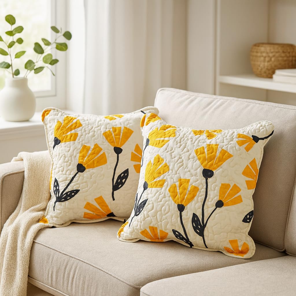 DaDa Bedding Botanical Yellow Fleur Floral Throw Pillow Covers - Set of 2-Pieces Golden Orange Spring Tulips Farmhouse Garden Cushion Cases - Ivory