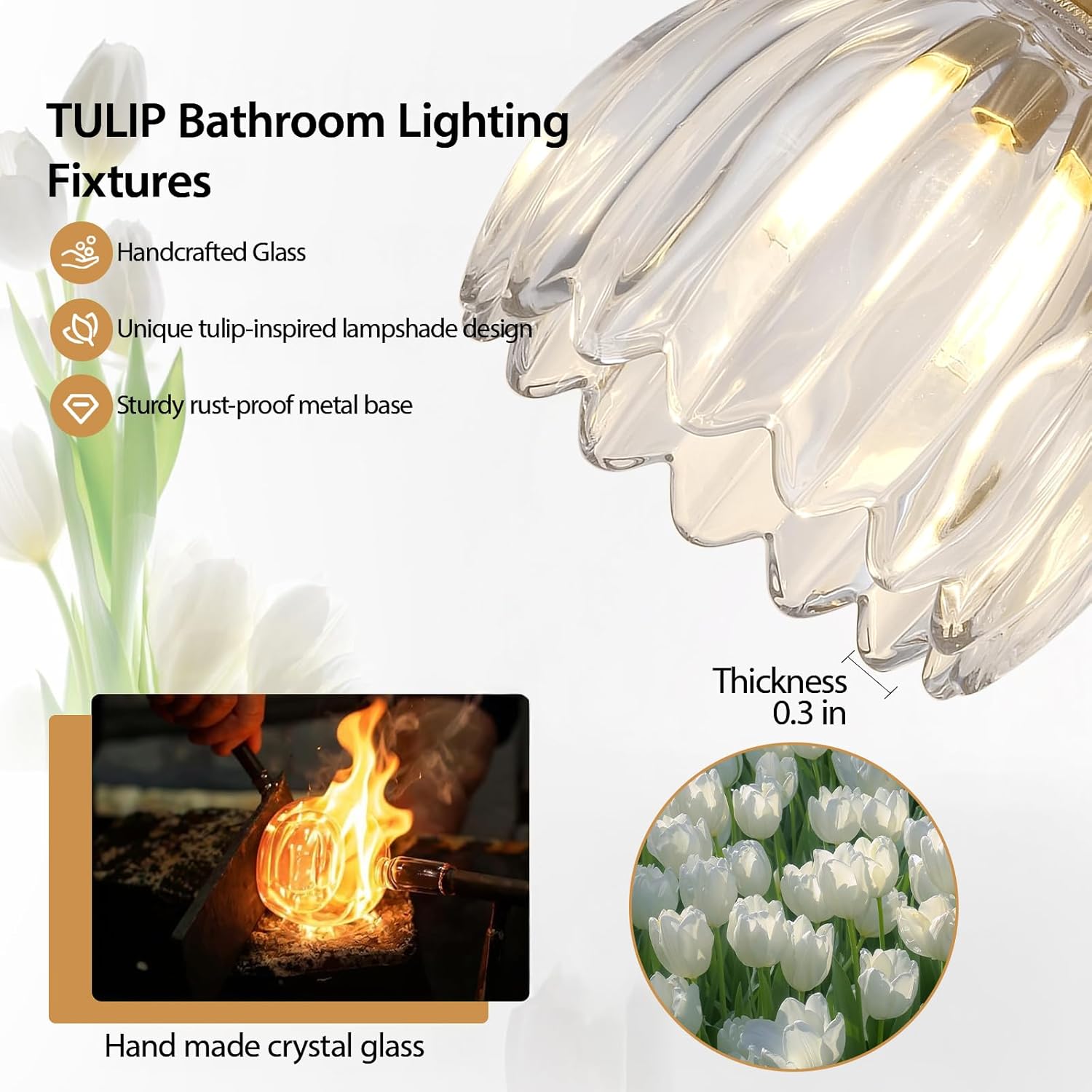 Gold 3 Light Bathroom Vanity Light,18.8in Modern Bathroom Lighting Fixtures Over Mirror with Clear Tulip Crystal Glass Shade,Brass Vintage Vanity Lights for Bathroom Living Room（not include bulbs)