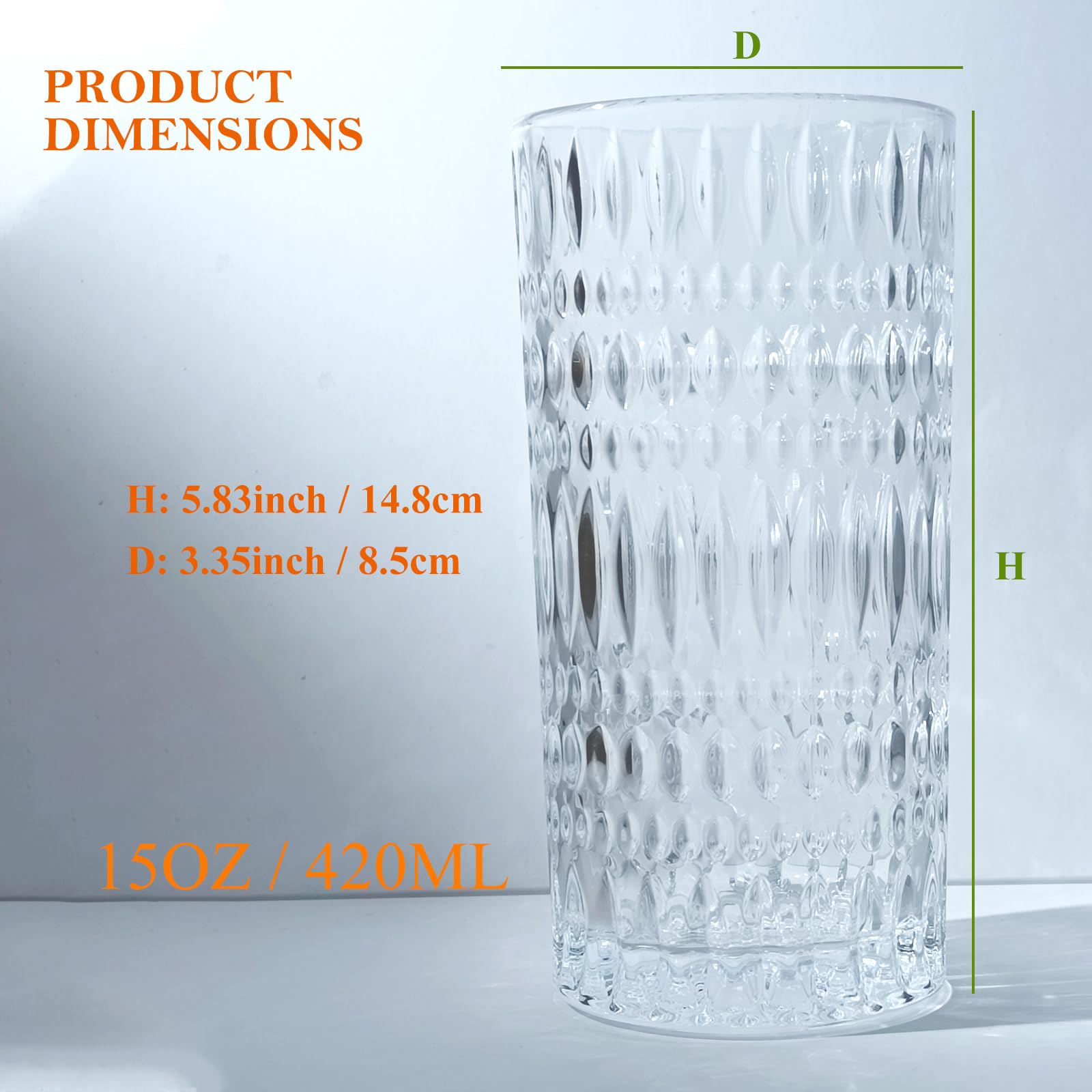 Elegantes vasos Highball, juego de 4 vasos de 15 onzas, vasos de vidrio altos únicos para fiesta, bar, cena, hotel, sin plomo, apto para lavavajillas
