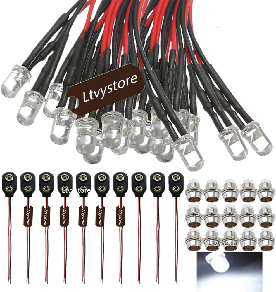 30Pcs 5MM 12V White LED Pre Wired Lamp Light Bulb Prewired Emitting Diode & 30Pcs Metal 5mm LED Clip Holder Panel Mount & 10Pcs 9V Battery Holder Clip Snap On Connector Cable