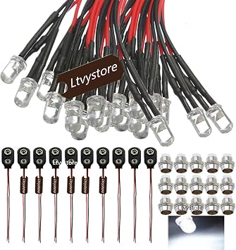 30Pcs 5MM 12V White LED Pre Wired Lamp Light Bulb Prewired Emitting Diode & 30Pcs Metal 5mm LED Clip Holder Panel Mount & 10Pcs 9V Battery Holder Clip Snap On Connector Cable