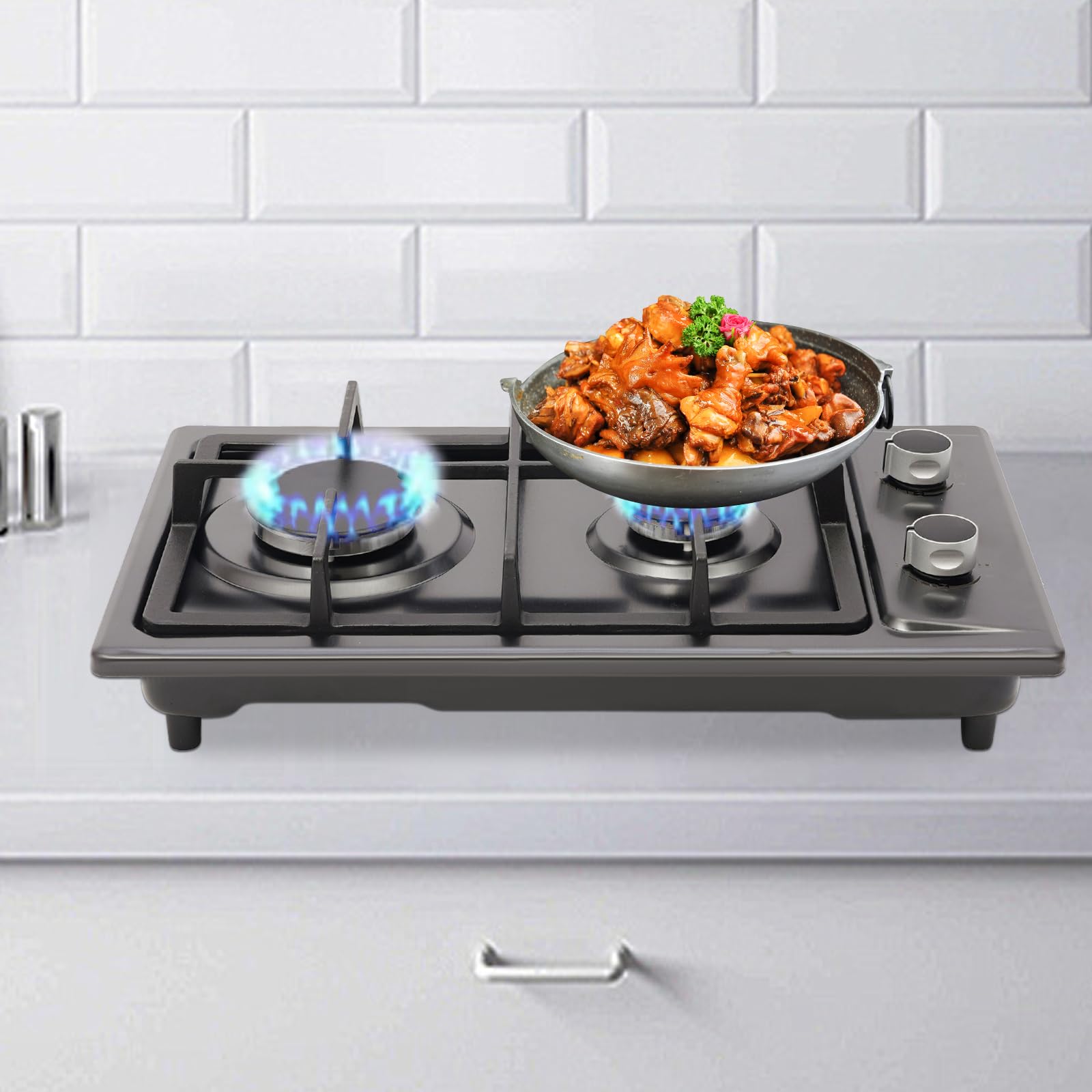 2-Flammiges Edelstahl-Gaskochfeld (3 kW + 1,75 kW) Tragbarer Outdoor-Campingkocher, NG/LPG konvertierbar, Outdoor Gasherd Schwarz