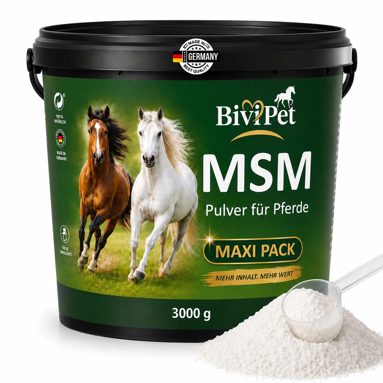 MSM Pulver für Pferde – 3 kg Maxi Pack | 100% reines MSM ohne Zusätze | Für Gelenke, Beweglichkeit, Sehnen & Hufe | Mehr Inhalt & Wert | Eimer mit Dosierlöffel | Made in Germany