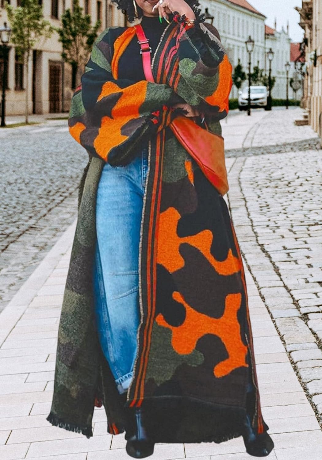 Womens Long Open Front Cardigans Long Sleeve Camo Shawl Sweater Chunky Cable Knit Fringed Outwear Coat - Image 5