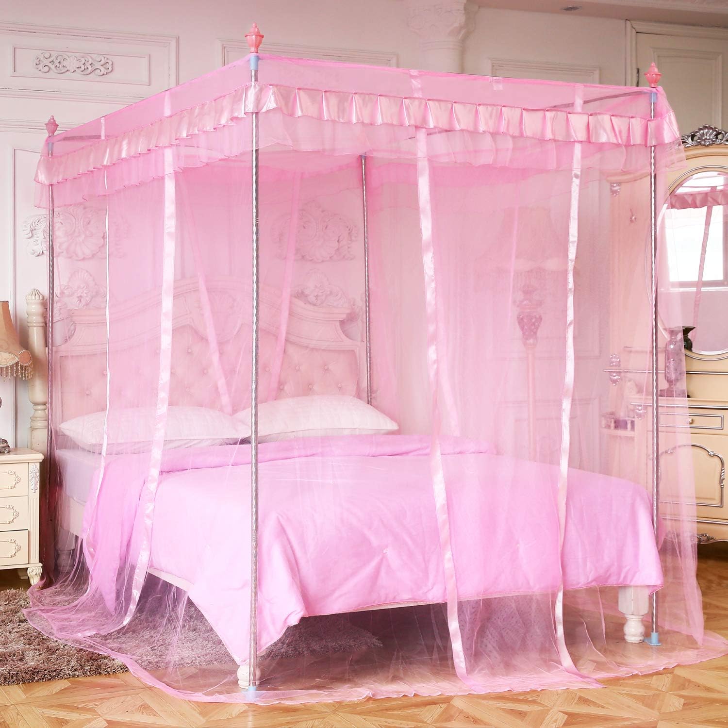 Mengersi Pink 4 Corners Post Canopy Bed Curtains Queen Size for Girls Adults Bed Canopies Drapes Mosquito Net -Bedroom Decoration Accessories : Everything Else