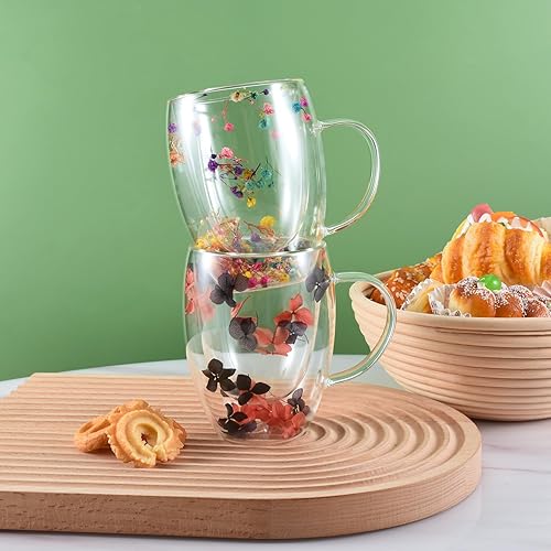 Miniatura 4 de Koythin Taza de café de vidrio de doble pared con asa, taza de café con capa aislada, tazas transparentes Demitasse con flor, perfecta para té
