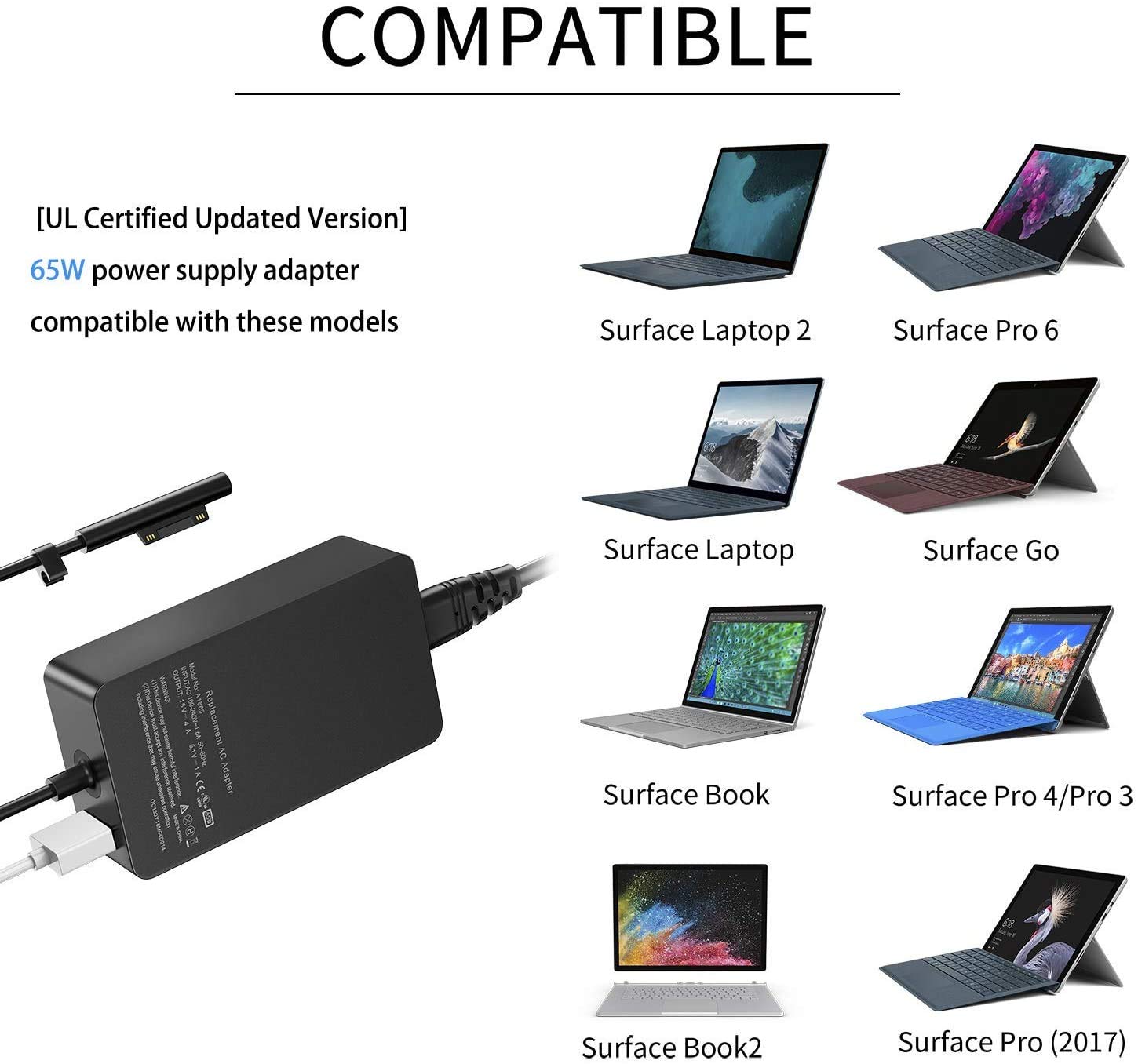 65W Surface Pro Laptop Charger for Microsoft Surface Pro 10, 9, 8, 7+, 7, 6, 5, 4, 3, X, Windows Surface Laptop 6, 5, 4, 3, 2, 1, Surface Go Tablet, Surface Book 3, 2, 1, Support 44W, 36W