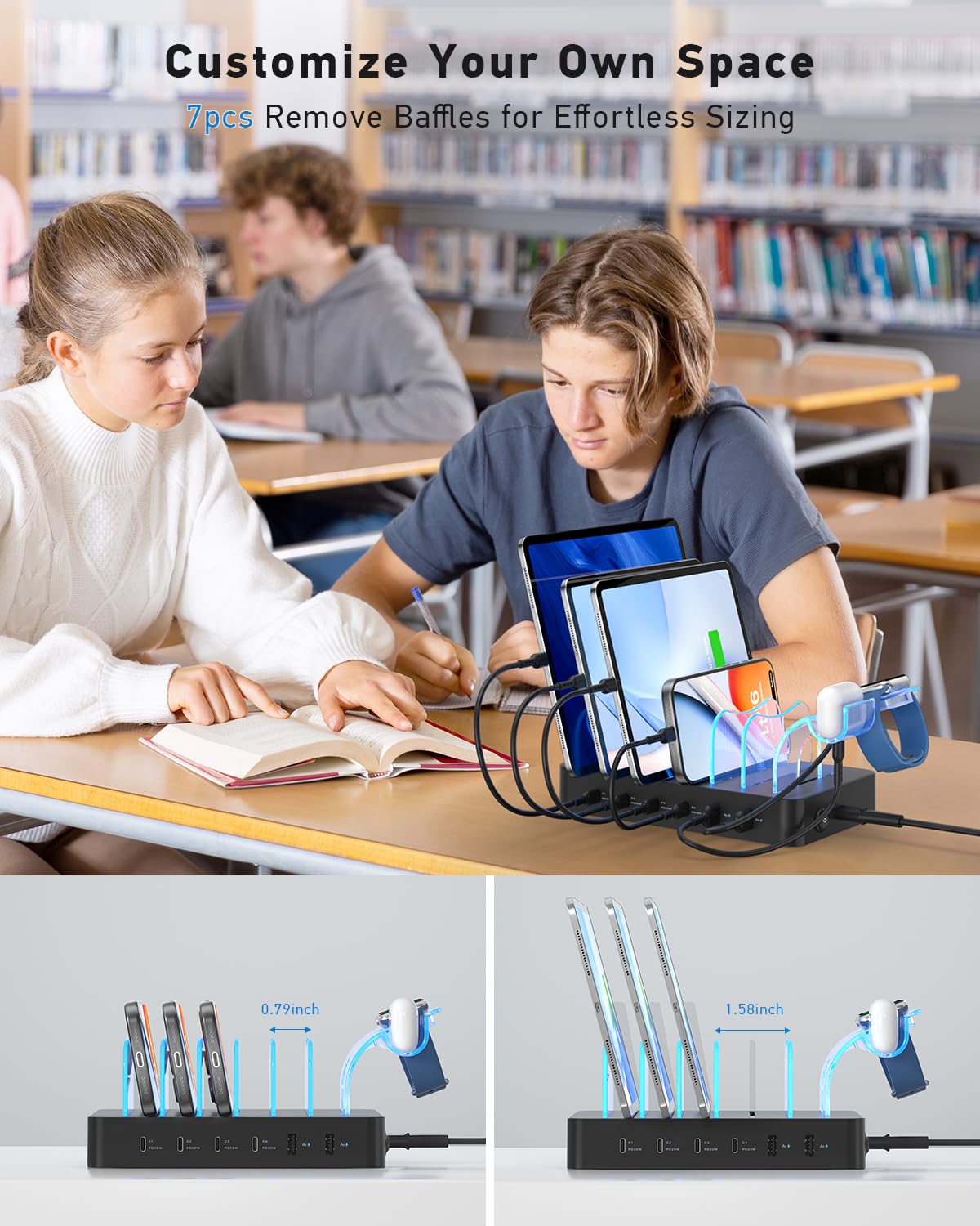 SooPii Stacja ładująca 90 W do wielu urządzeń, 6-portowa Multi USB C stacja ładująca z 6 mieszanymi krótkimi kablami, stacja ładująca PD 20 W do telefonów LPhone, Galaxy, iPad, tabletów i innych