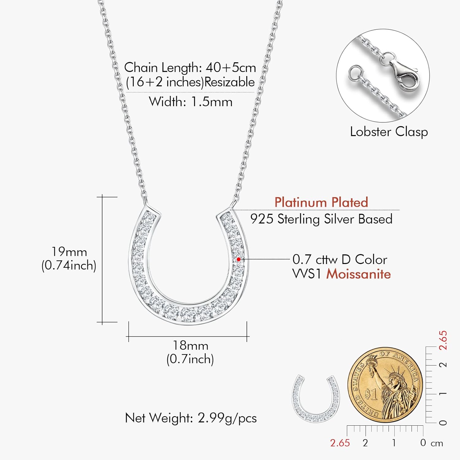DAYBYDAY Horseshoe Necklace 925 Stelring Silver Channel Set Moissanite Horse Shoe Pendant with 18" Chain Lucky Jewelry for Women - Image 6