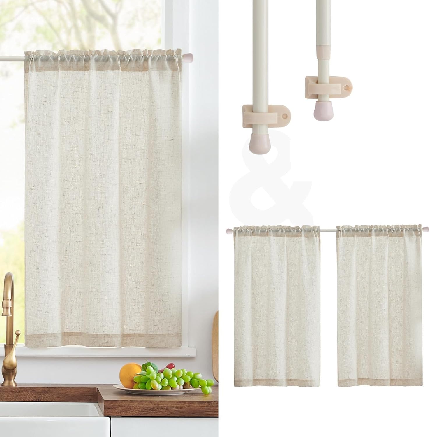 jinchan Linen Kitchen Curtains 45 Inch Tier Curtains 2 Panels Crude and French Door Curtain Rods No Drill 26 to 48 Inch Beige 2 rods