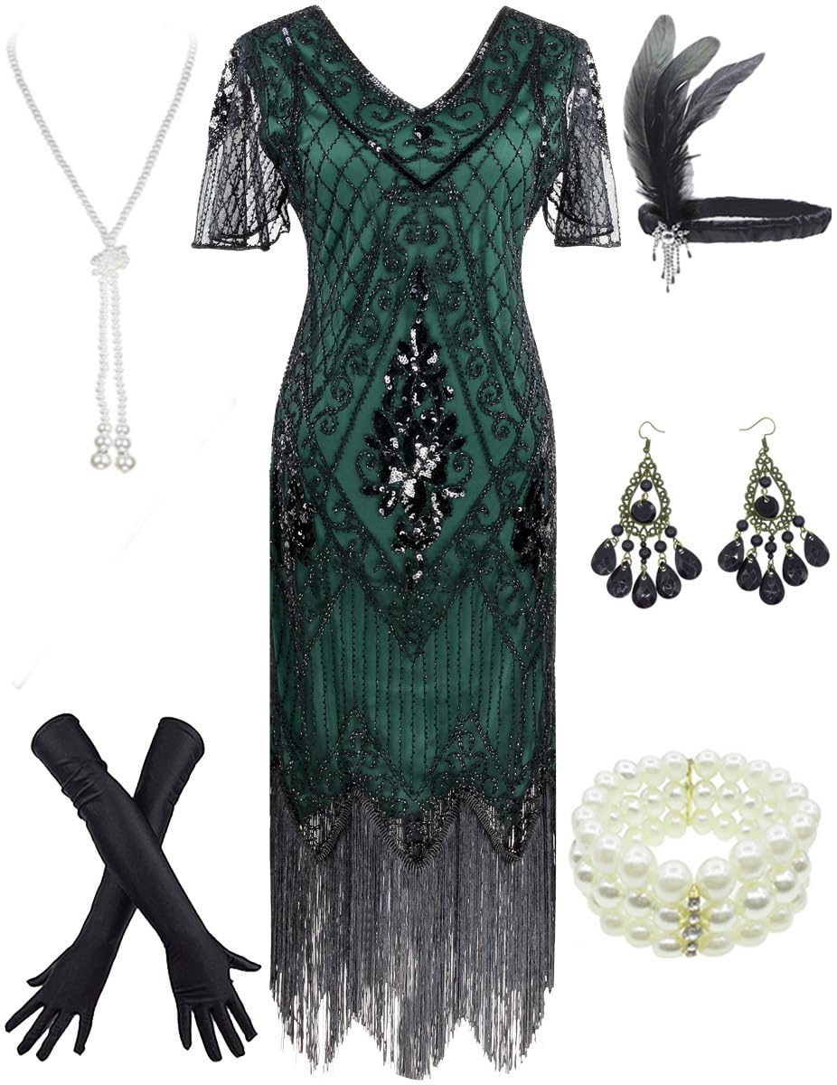 Women's 1920s Gatsby Inspired Sequin Beads Long Fringe Flapper Dress w/Accessories Set