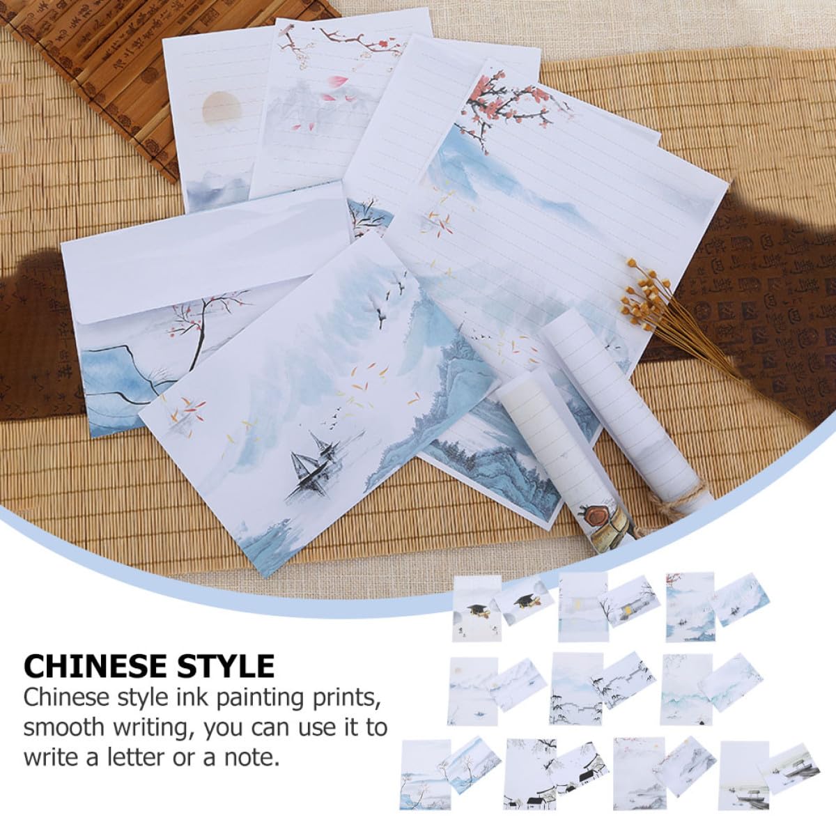 OSALADI Ensemble de Papeterie 10 Sets Papiers à Lettres et Enveloppes, Style Peinture à L'encre Chinoise