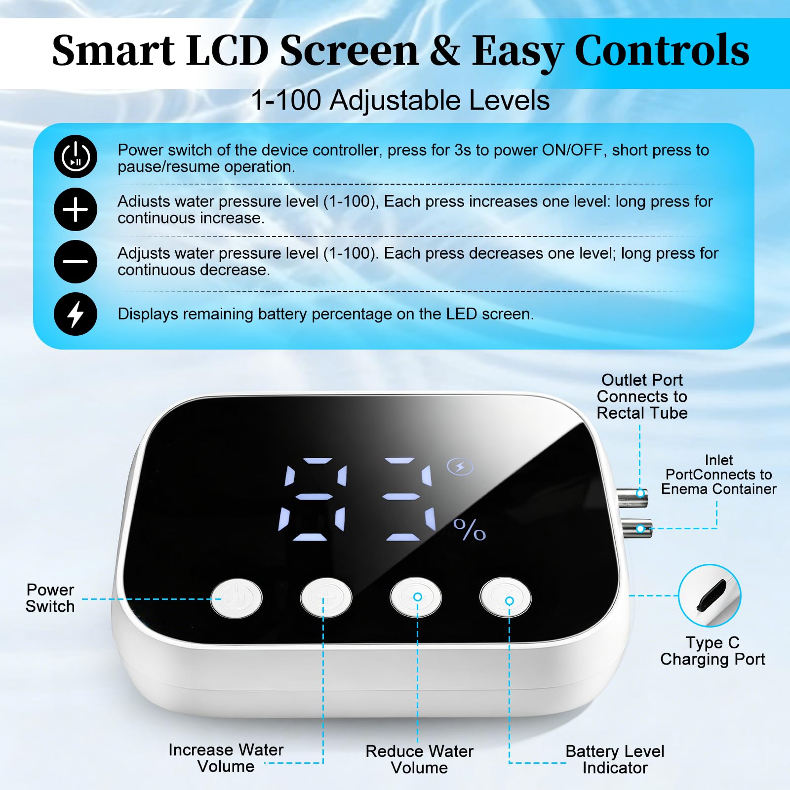 sistema de irrigación intestinal eléctrico para uso doméstico, aparato de lavado con regulación de caudal en 100 niveles, pantalla LED, recargable – para lavados sencillos en casa