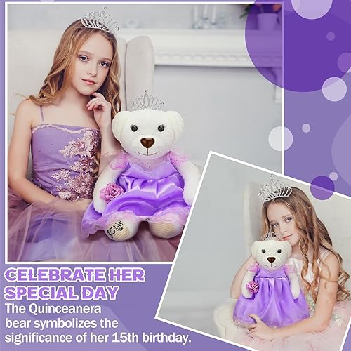 Miniatura 2 de Oso de membrillo con vestido de 18 pulgadas, muñeca de quinceañera de peluche para 15 años con vestido centro de mesa para quinceañera de 15 años