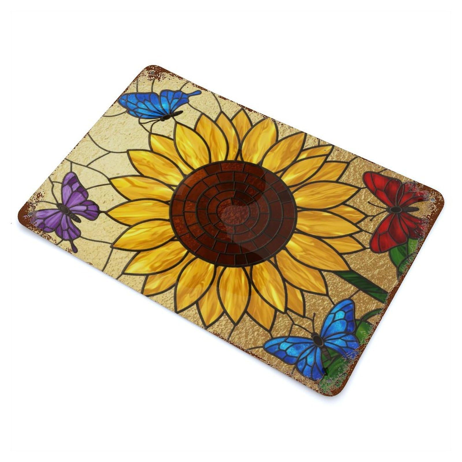Stained Glass Sunflower with Butterflies Vintage Rust Metal Sign 11.8"x7.9", Farmhouse Wall Decor for Garage, Pub Or Kitchen