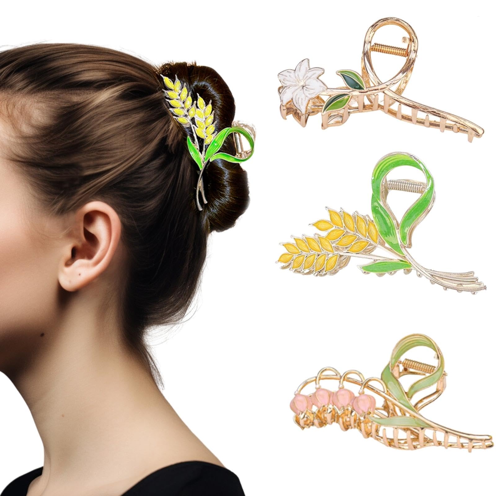 3PCS Cute Hair Claw Clips - Non-Slip Metal Flower Clips for Women with Thick Hair - Strong Hold Hair Accessories for Girls - Wheat, Lily, and Bell Orchid Flower Designs