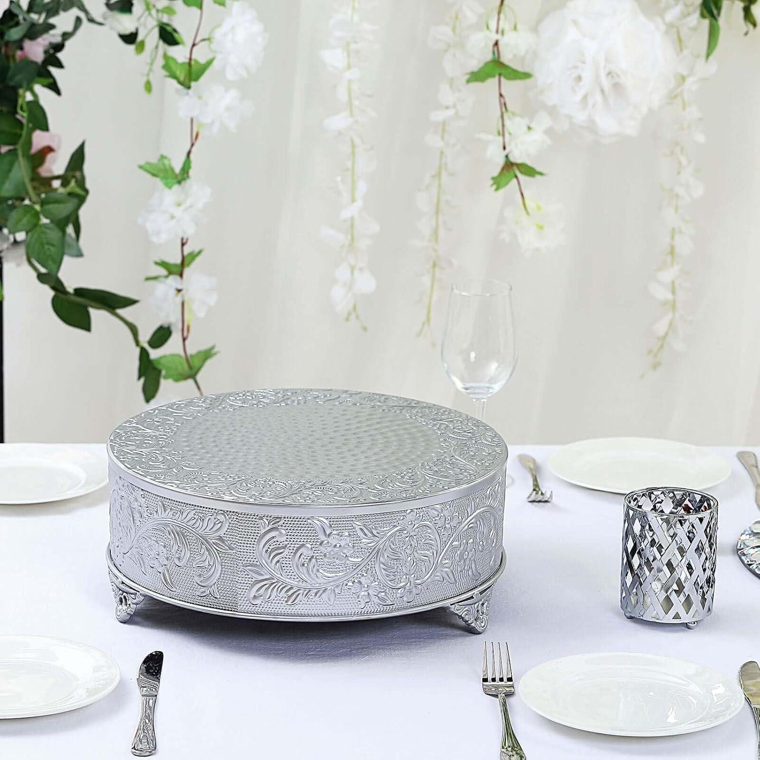 Efavormart 14" Silver Round Embossed Metal Cake Plateau Stand, Cake Riser for Party Celebration & Events