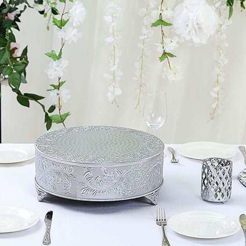 Miniatura 8 de Efavormart - Soporte redondo de metal en relieve plateado de 14 pulgadas para tartas, para boda, fiesta de cumpleaños, postre, pasteles, pedestal