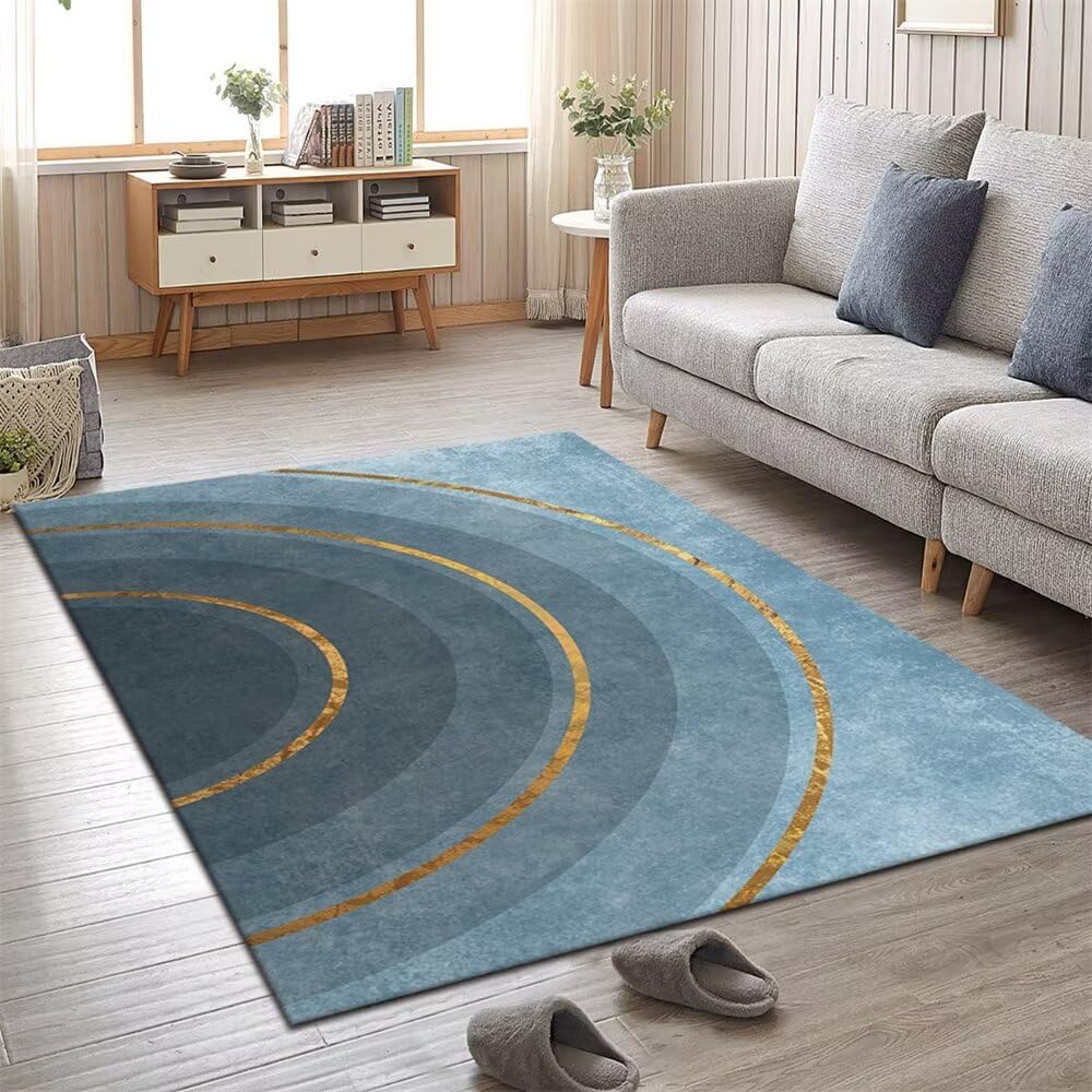 Tapis géométrique moderne en demi-cercle bleu lavable et doux